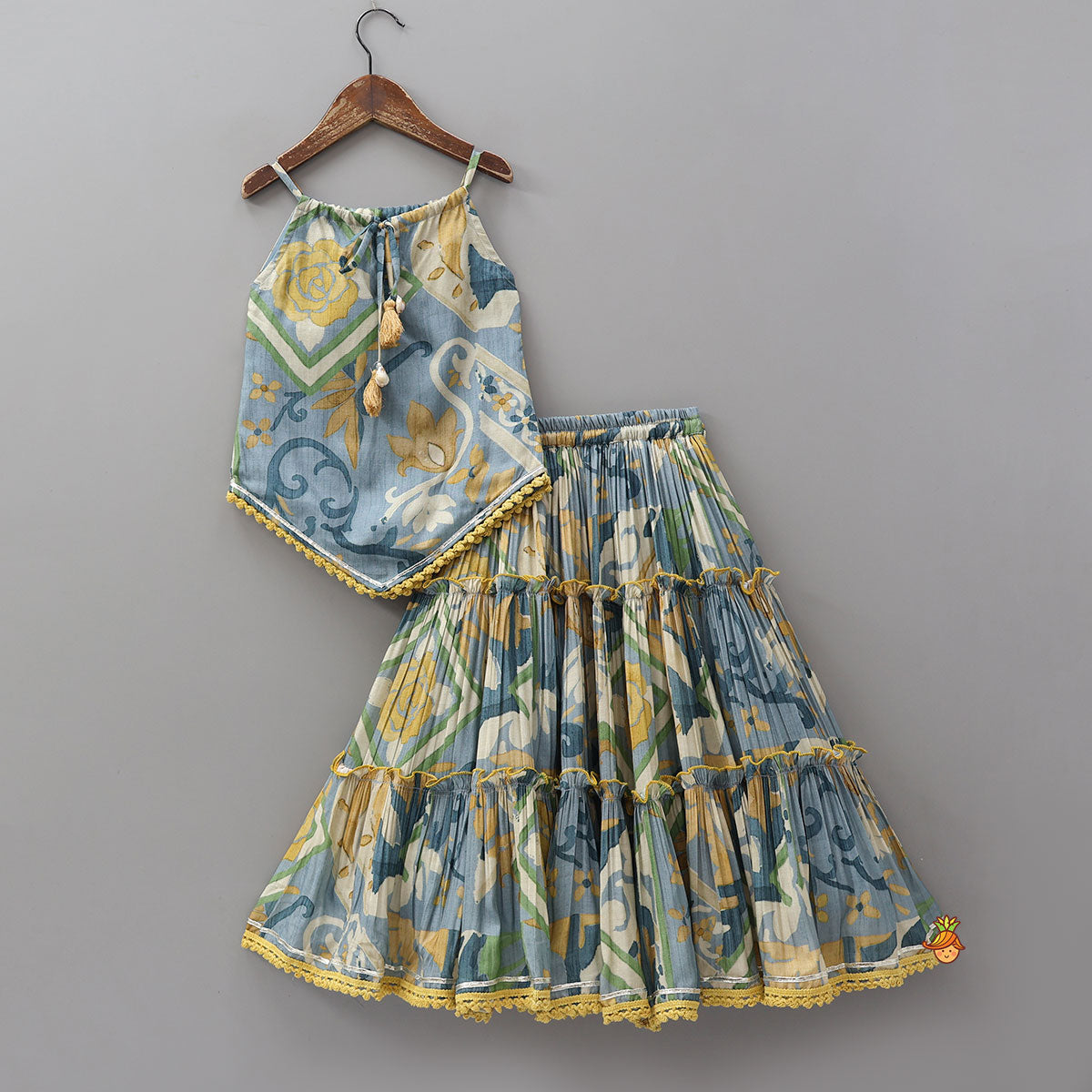 Pre Order: Asymmetric Printed Strappy Kurti And Lehenga