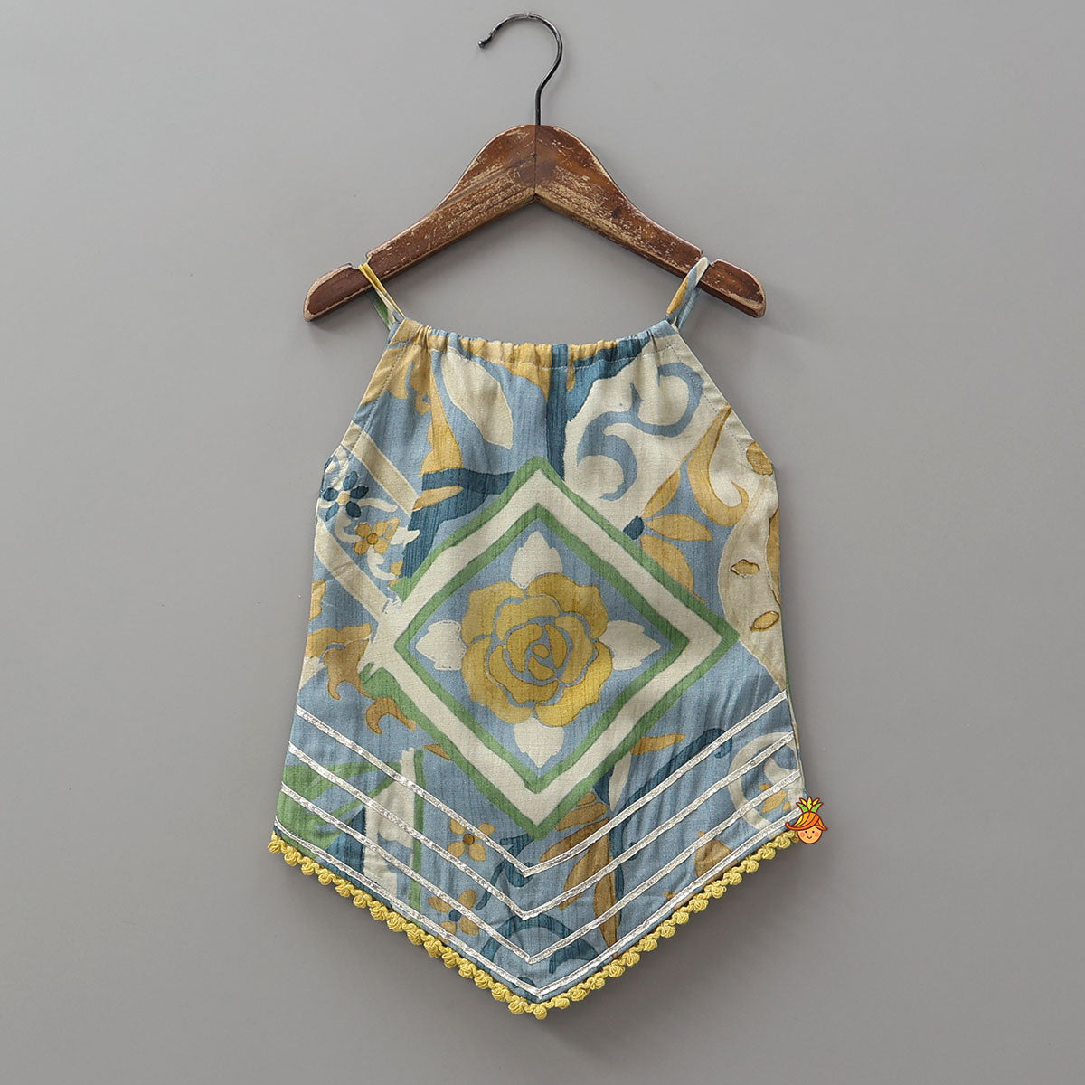 Pre Order: Asymmetric Printed Strappy Kurti And Lehenga