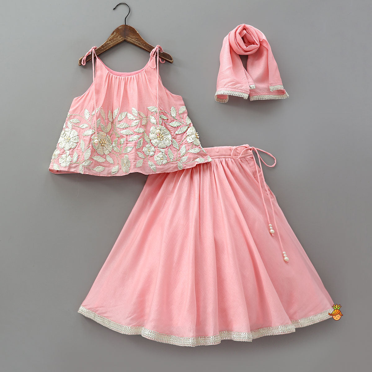 Pre Order: Gota Embroidered Strappy Top With Flared Lehenga And Matching Dupatta