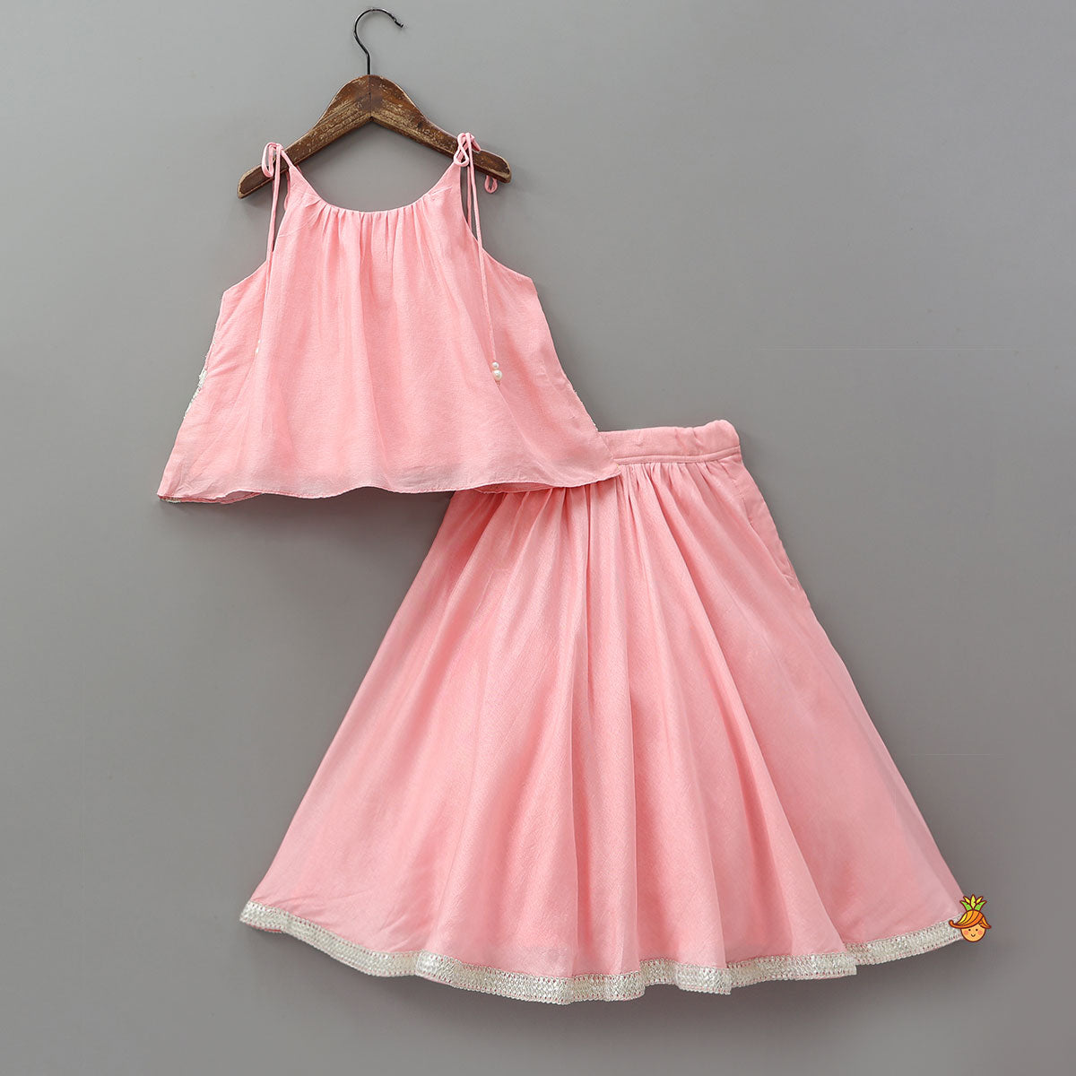 Pre Order: Gota Embroidered Strappy Top With Flared Lehenga And Matching Dupatta