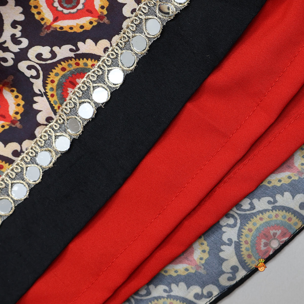 Faux Mirror Embroidered Crop Top And Printed Lehenga
