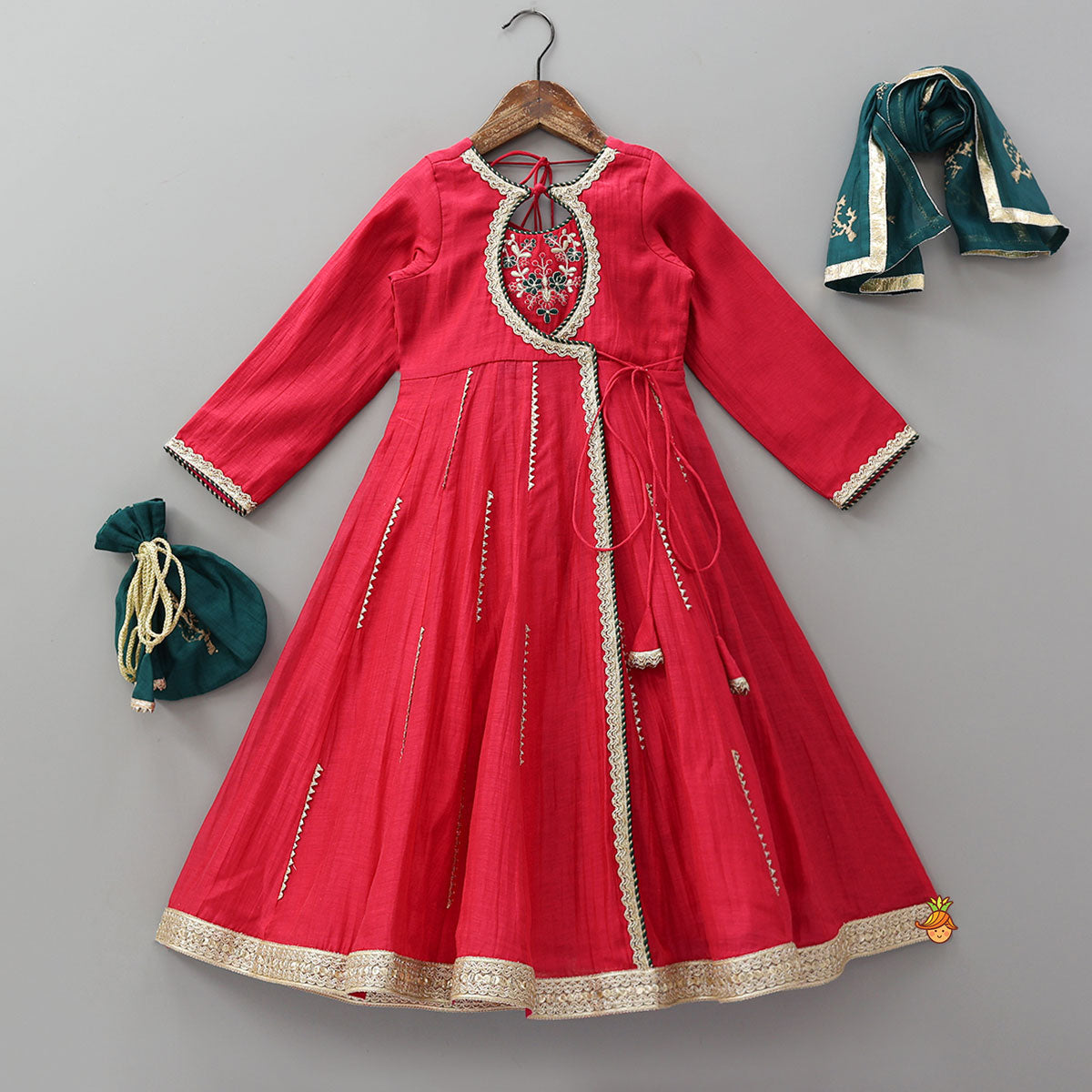 Pre Order: Round Neck Embroidered Yoke Ethnic Anarkali With Contrasting Dupatta And Potli Bag