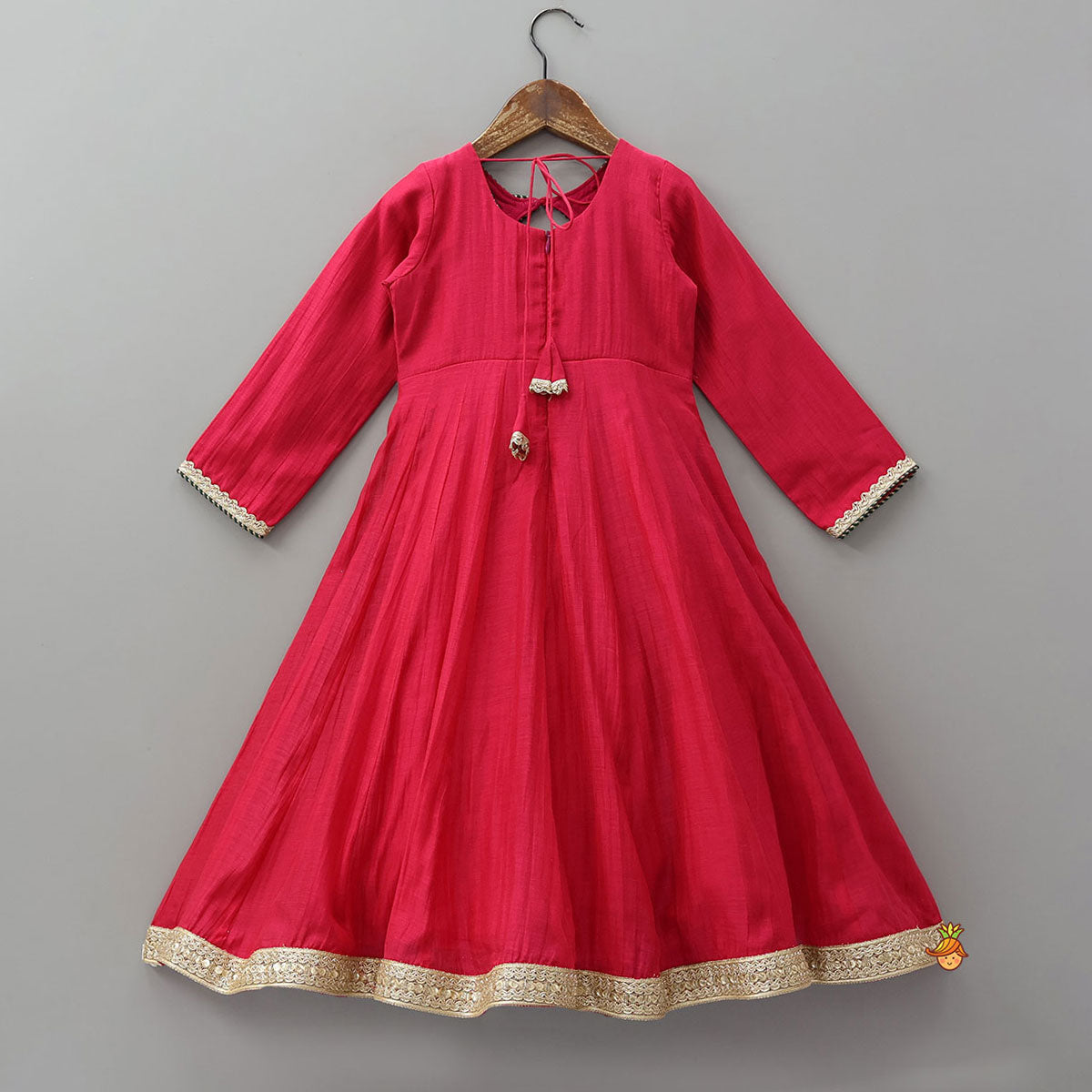 Pre Order: Round Neck Embroidered Yoke Ethnic Anarkali With Contrasting Dupatta And Potli Bag