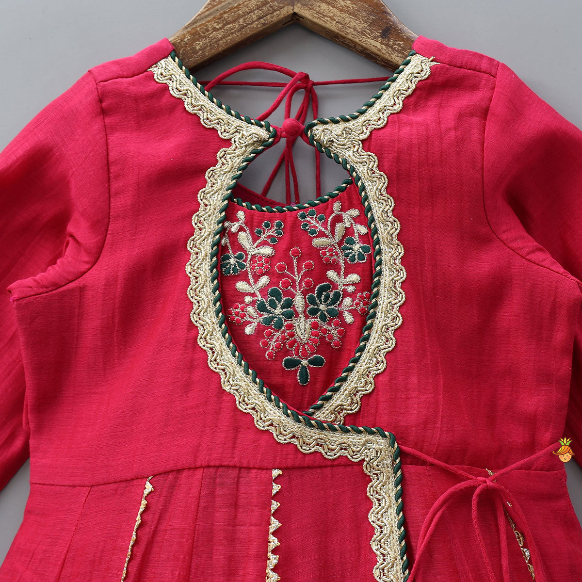 Pre Order: Round Neck Embroidered Yoke Ethnic Anarkali With Contrasting Dupatta And Potli Bag