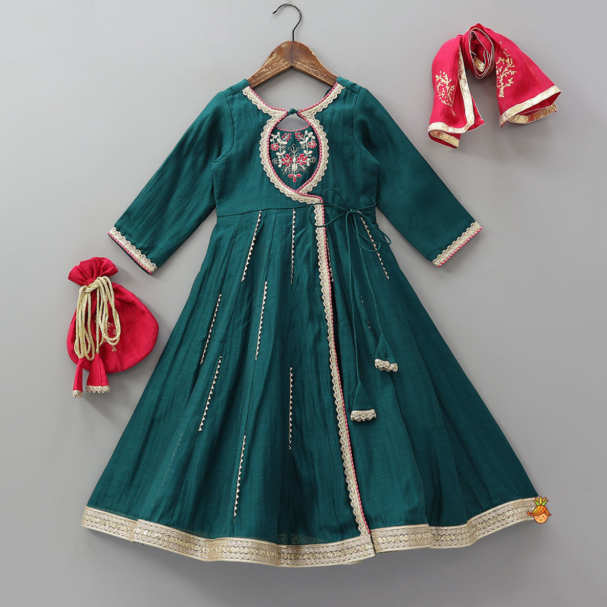 Pre Order: Round Neck Embroidered Yoke Anarkali With Contrasting Dupatta And Potli Bag