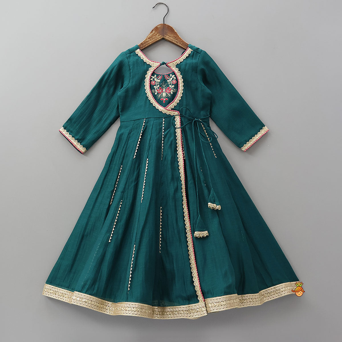 Pre Order: Round Neck Embroidered Yoke Anarkali With Contrasting Dupatta And Potli Bag