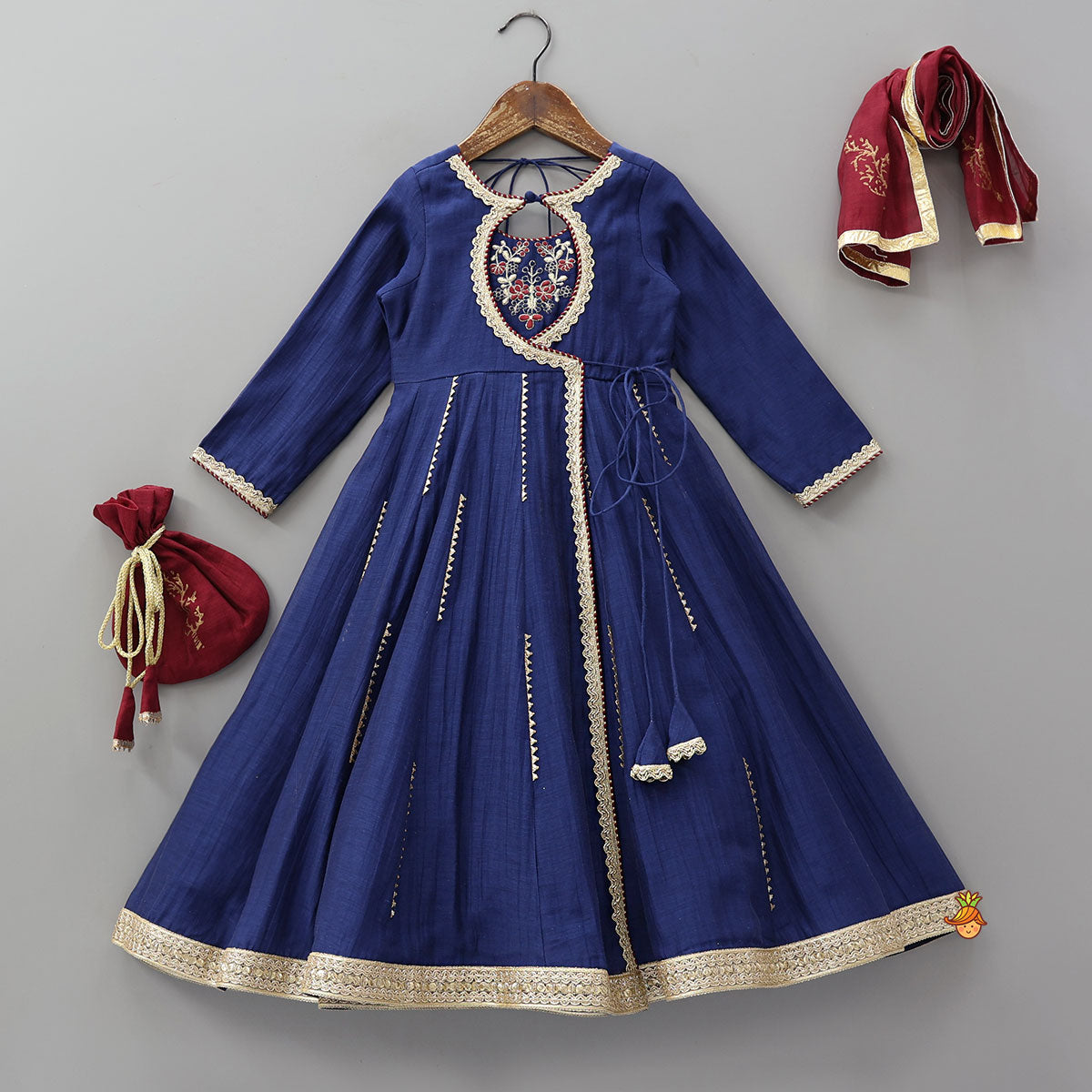 Pre Order: Floral Embroidered Flap Anarkali With Dupatta And Potli Bag