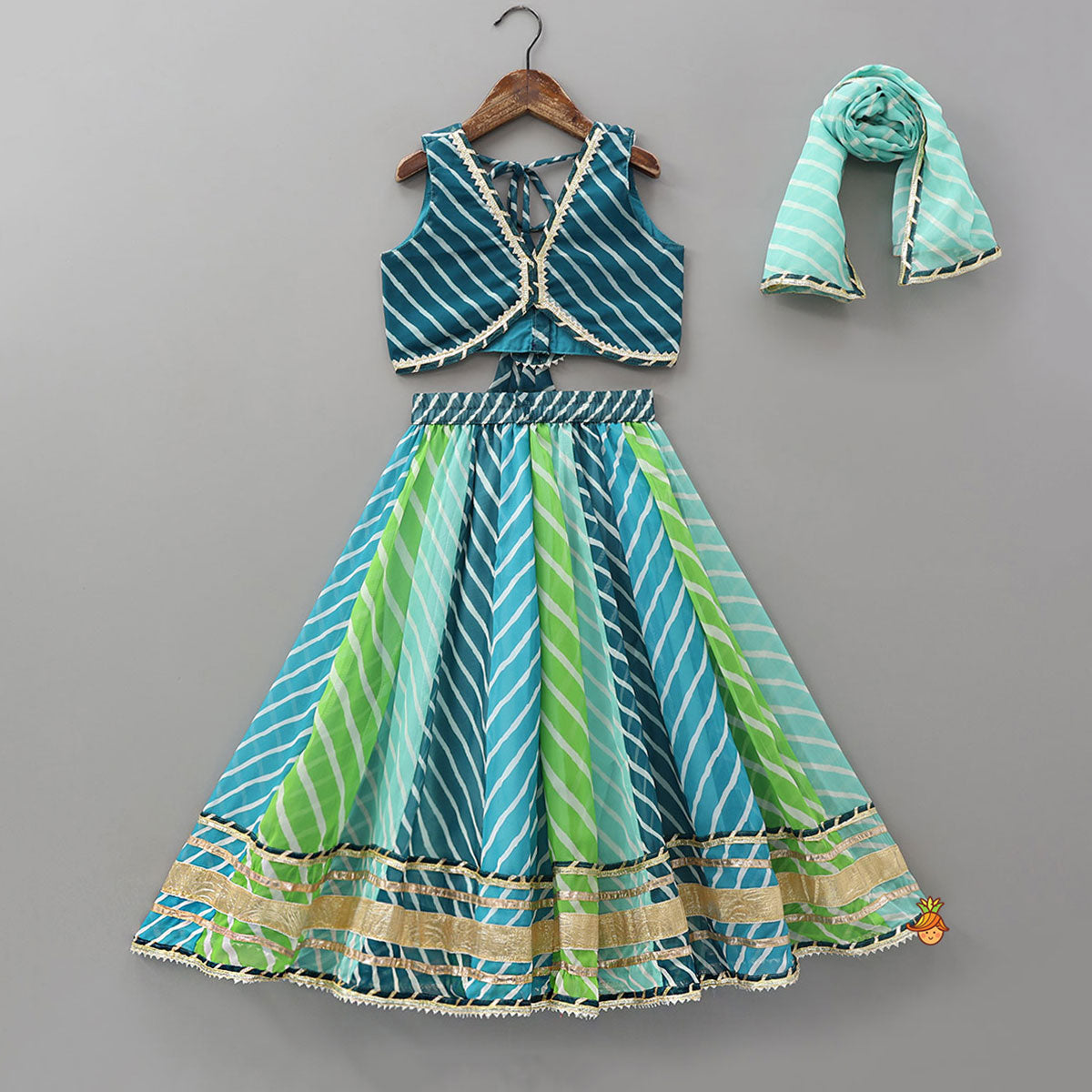 Pre Order: Leheriya Printed Pretty Crop Top And Lehenga With Dupatta