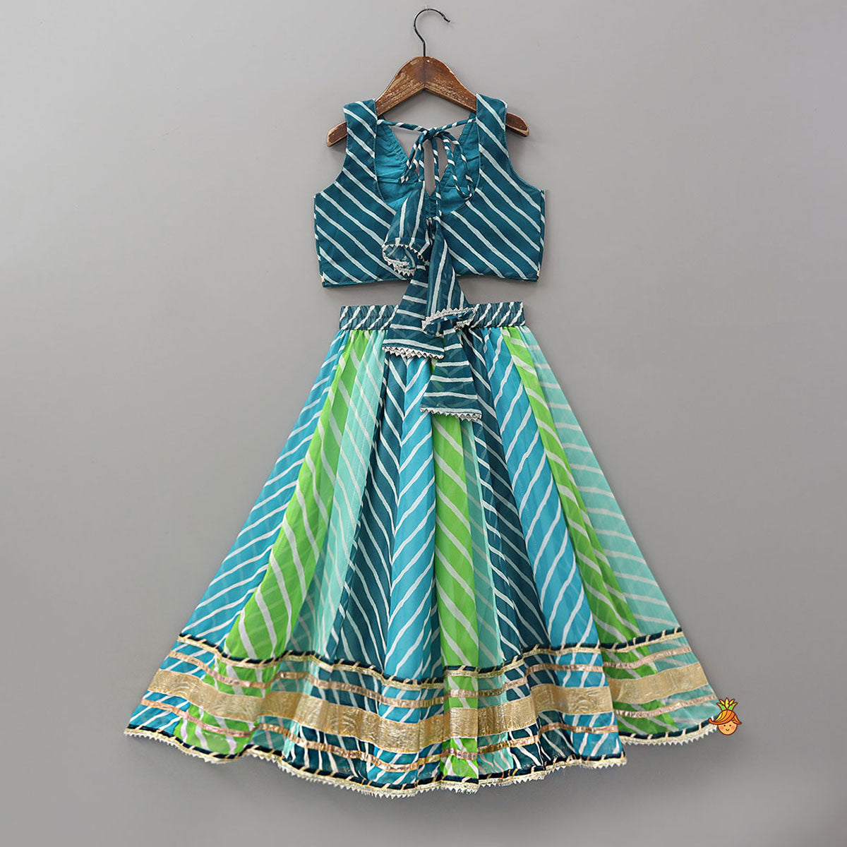 Pre Order: Leheriya Printed Pretty Crop Top And Lehenga With Dupatta