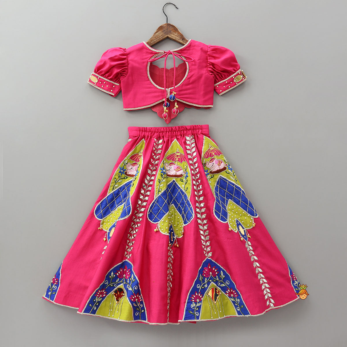 Pre Order: Scalloped Design Crop Top And Applique Work Lehenga With Dupatta