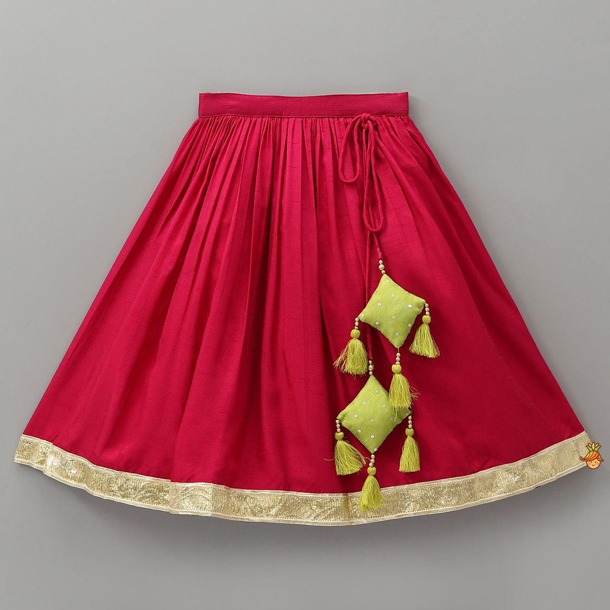 Pre Order: Goddess Durga Embroidered Top And Contrasting Tassel Detail Lehenga With Dupatta