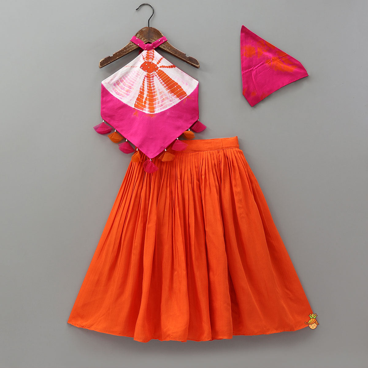 Pre Order: Shibori Printed Stylish Top And Lehenga With Bandana