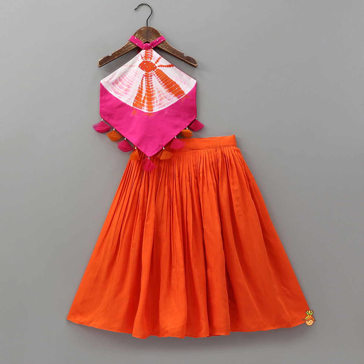 Pre Order: Shibori Printed Stylish Top And Lehenga With Bandana