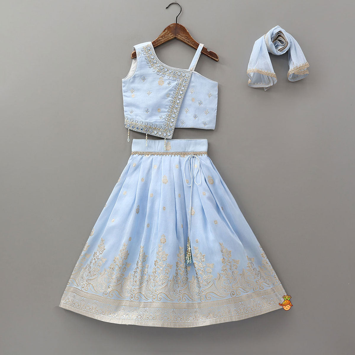 Pre Order: Mirror Embellished Flap Crop Top And Lehenga With Dupatta