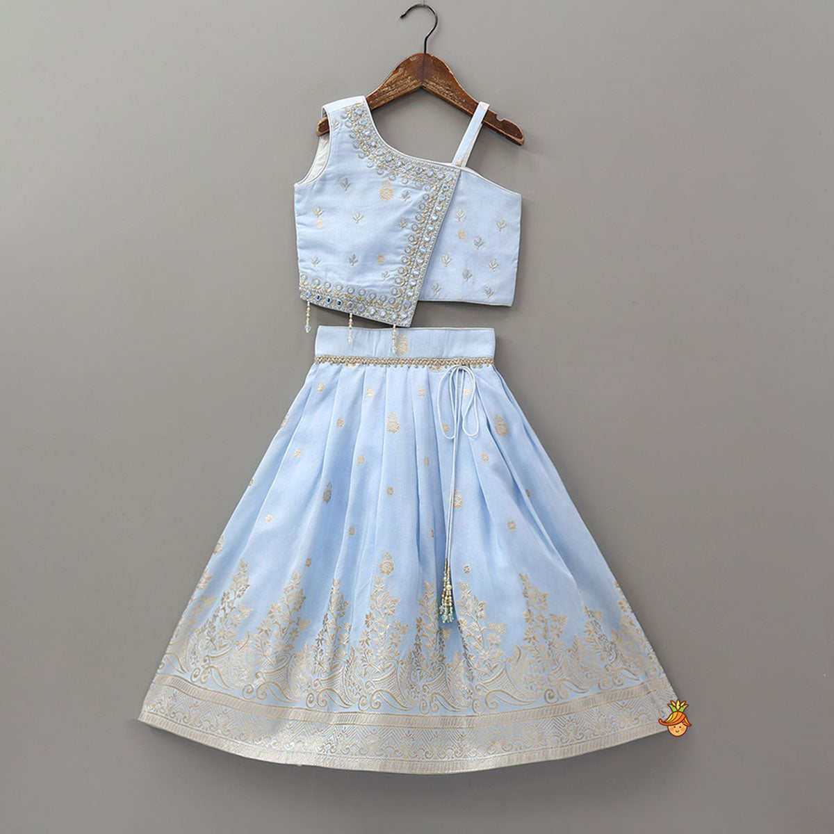 Pre Order: Mirror Embellished Flap Crop Top And Lehenga With Dupatta