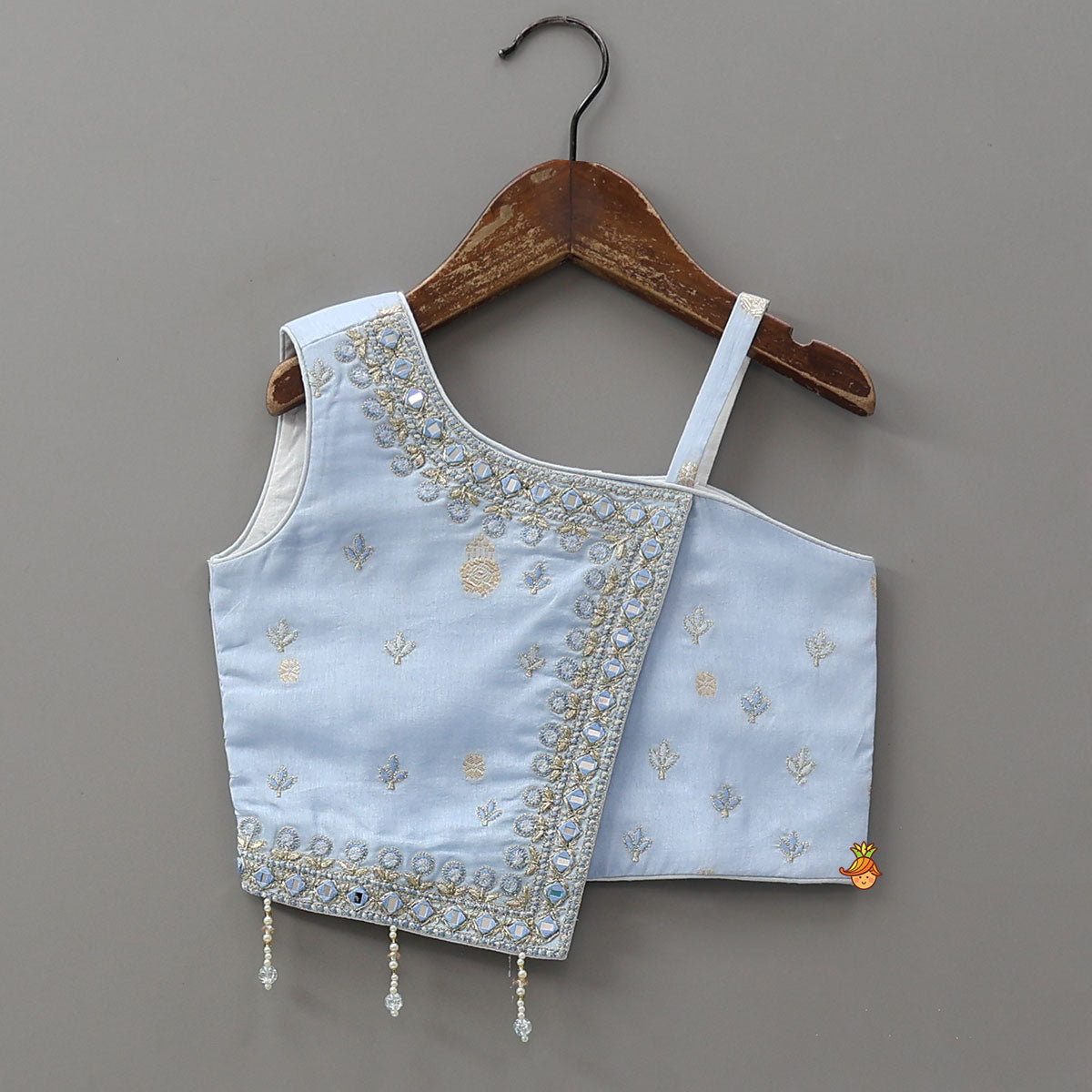 Pre Order: Mirror Embellished Flap Crop Top And Lehenga With Dupatta