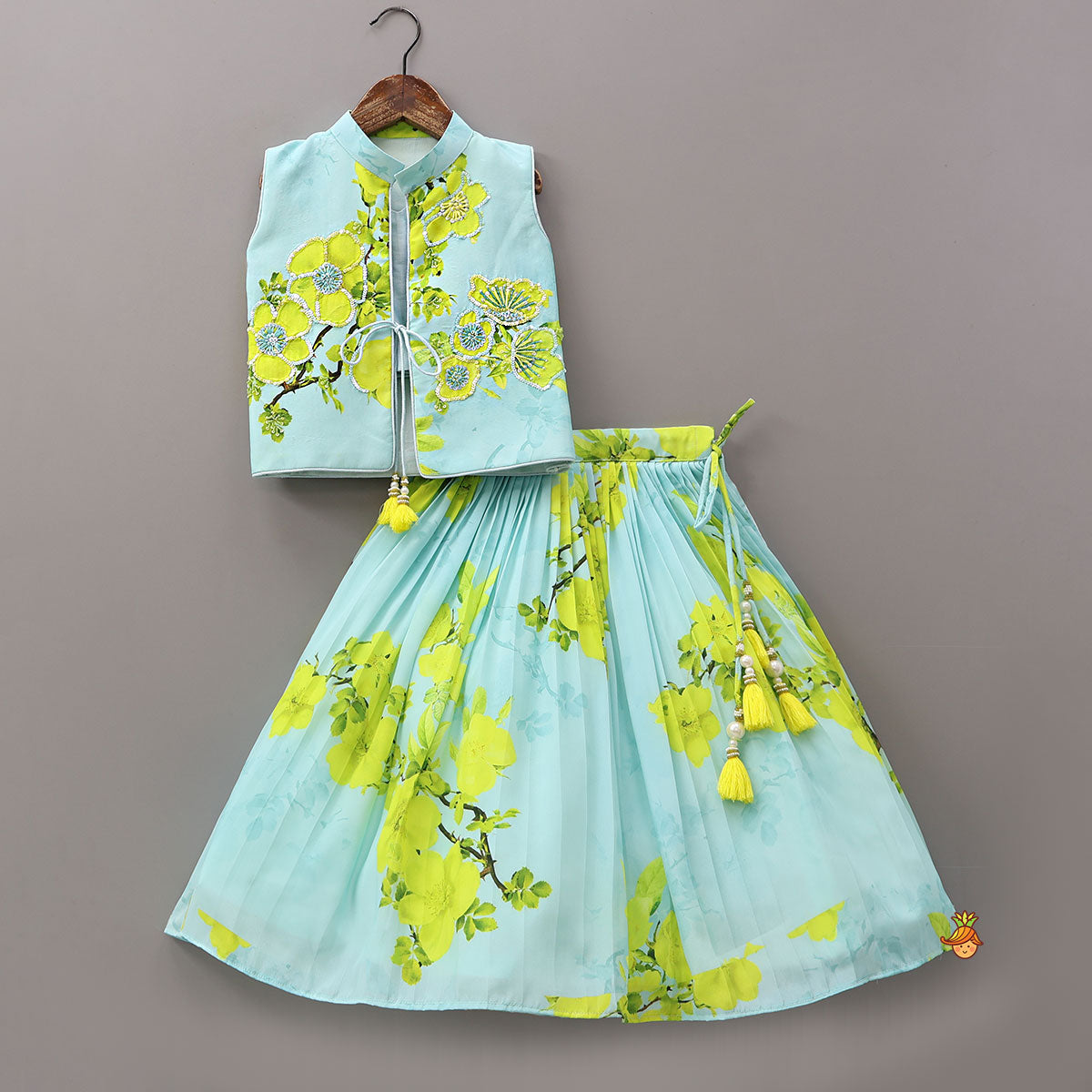 Strappy Top With Floral Jacket And Matching Lehenga