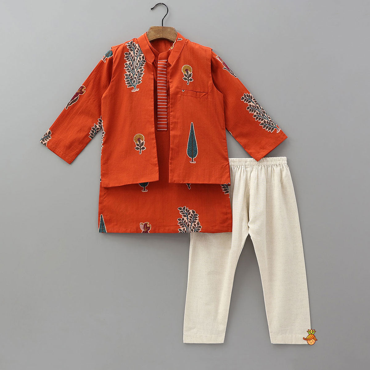 Pre Order: Thread Work Front Placket Cotton Kurta With Open Jacket And Pyjama