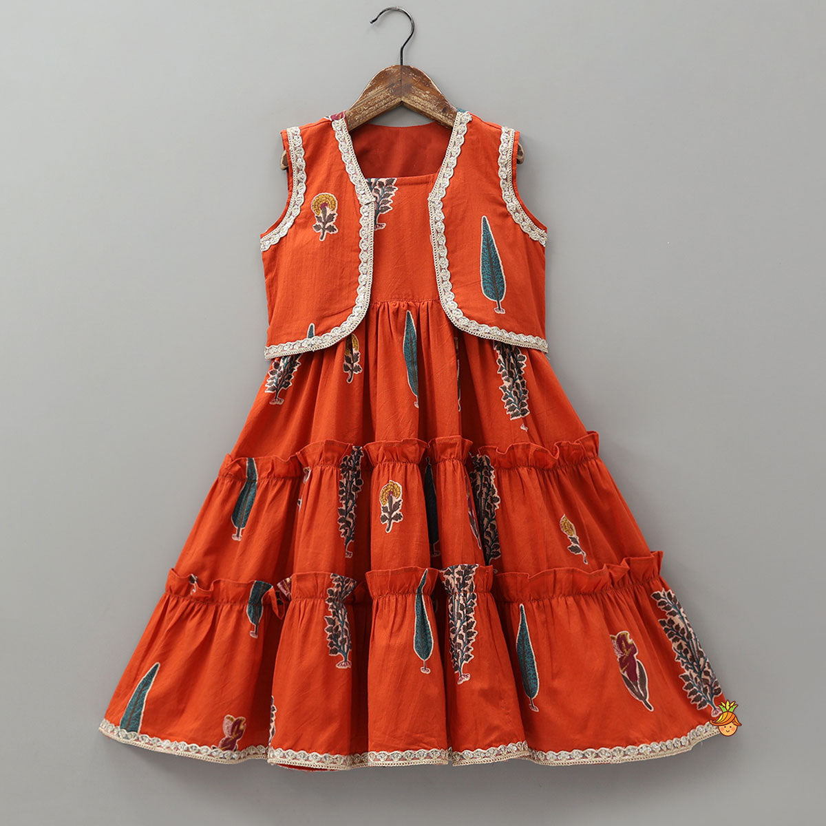 Pre Order: Printed Strappy Tiered Kurti With Jacket