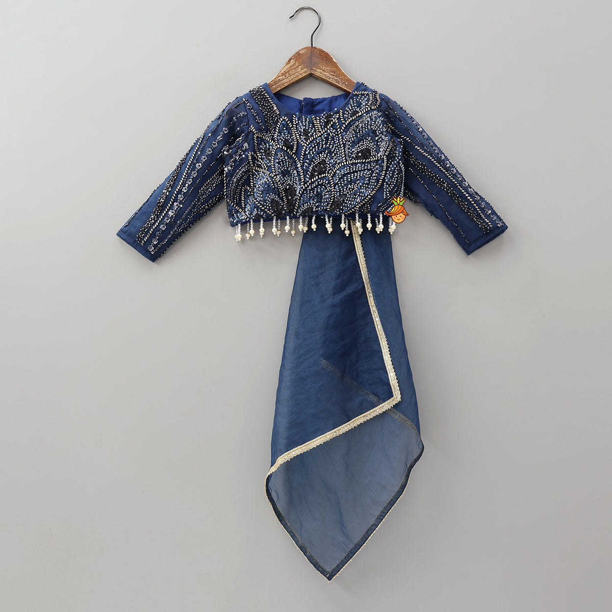 Pre Order: Heavy Embroidered Drape Crop Top And Lehenga With Matching Hair Band