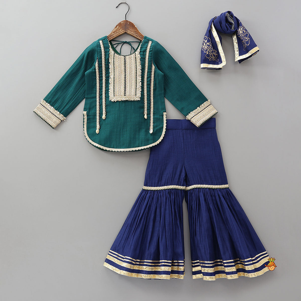 Pre Order: Lace Detailed Curved Hem Elegant Kurti And Sharara With Dupatta