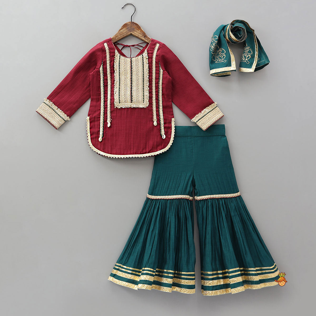 Pre Order: Lace Detailed Beautiful Kurti And Sharara With Dupatta
