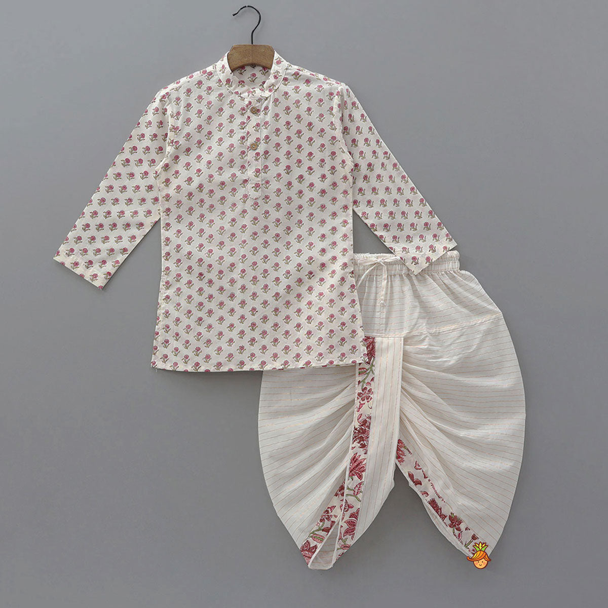 Floral Printed Kurta And Matching Jacket With Lurex Striped Dhoti