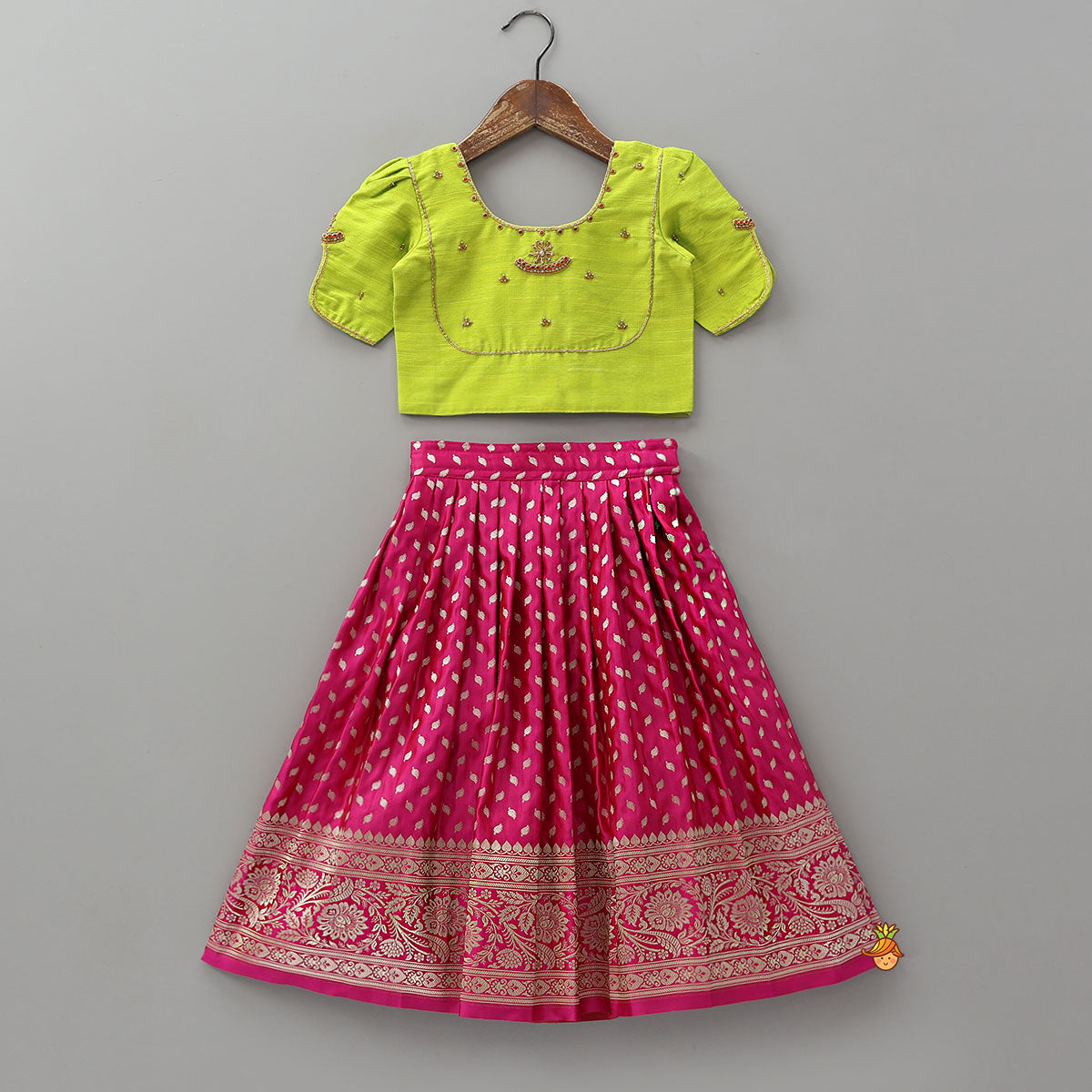 Pre Order: Embroidered Crop Top And Brocade Pleated Lehenga