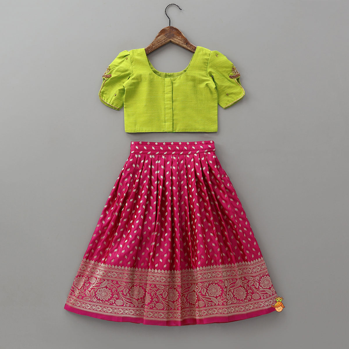 Pre Order: Embroidered Crop Top And Brocade Pleated Lehenga