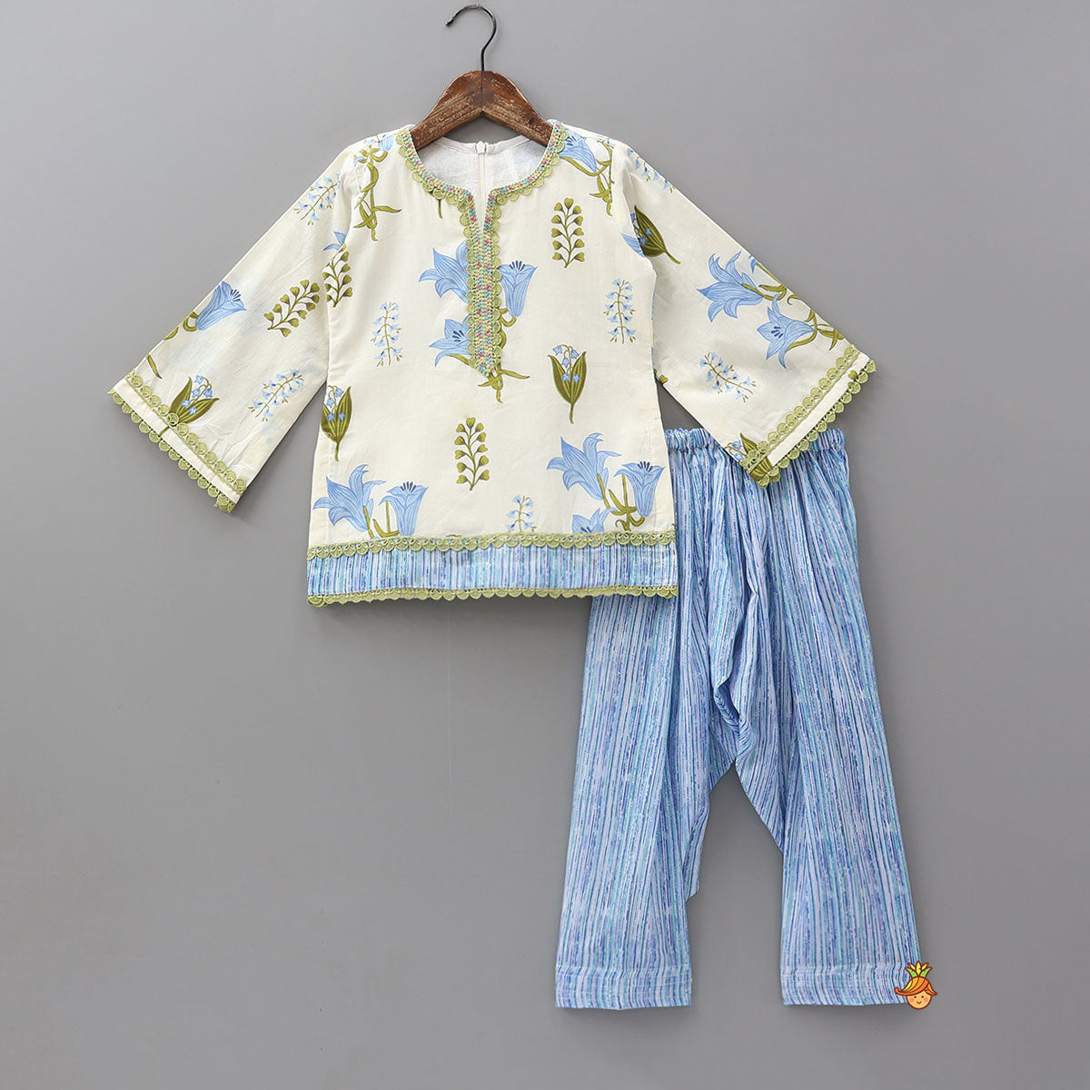 Pre Order: Floral Printed Bell Sleeve Kurti With Striped Farshi Salwar And Dupatta