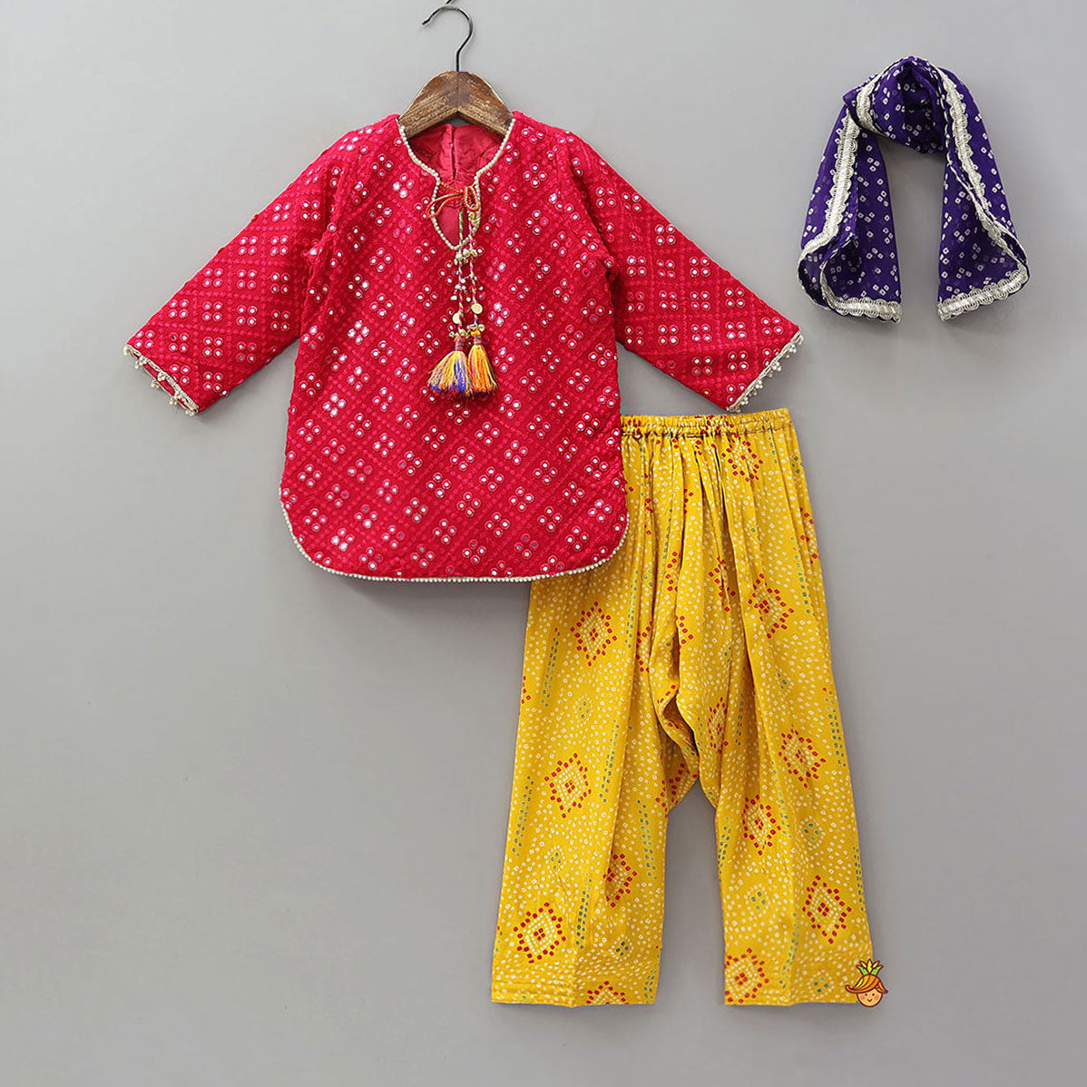 Pre Order: Festive Faux Mirror Embroidered Kurti And Farshi Salwar With Bandhani Printed Dupatta