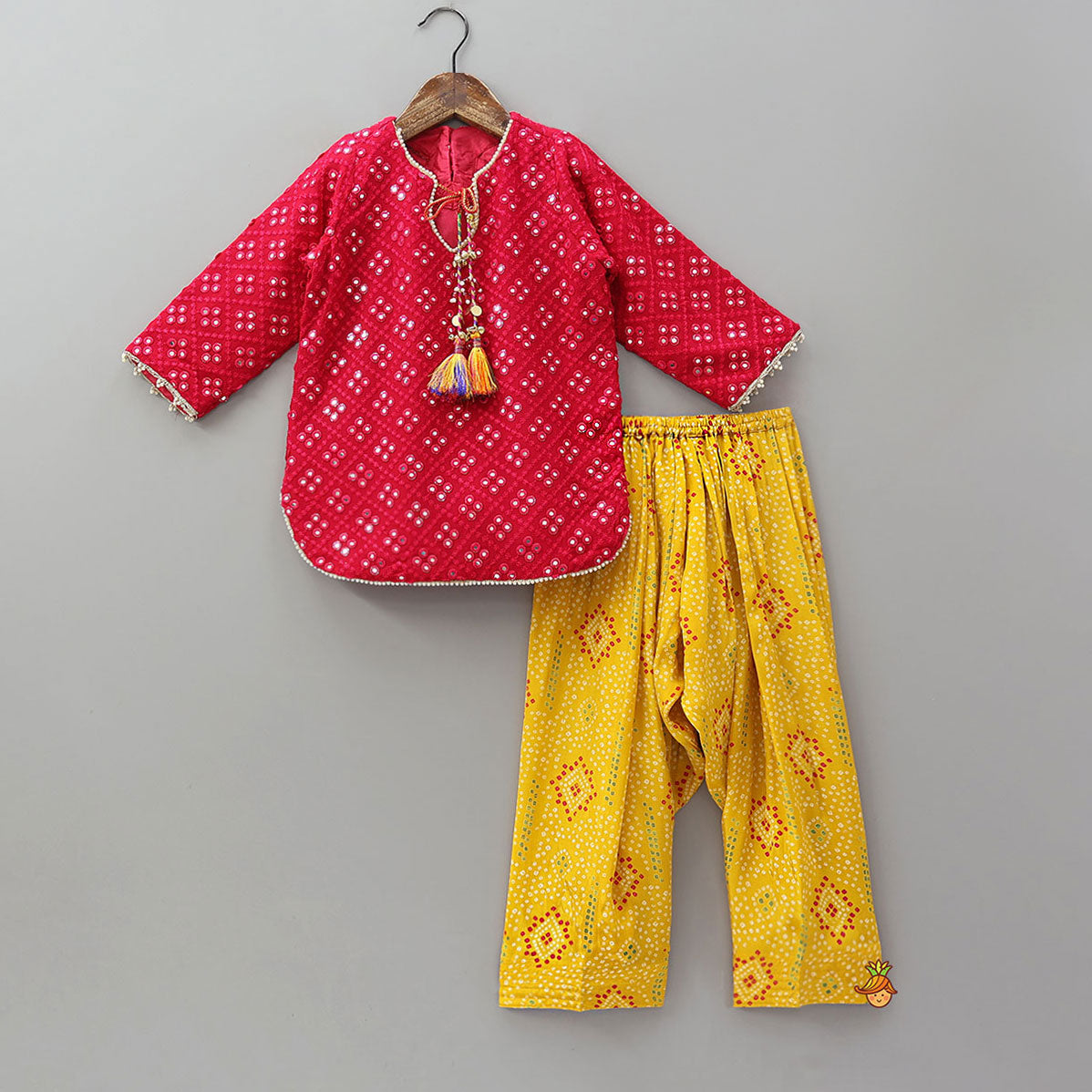 Pre Order: Festive Faux Mirror Embroidered Kurti And Farshi Salwar With Bandhani Printed Dupatta