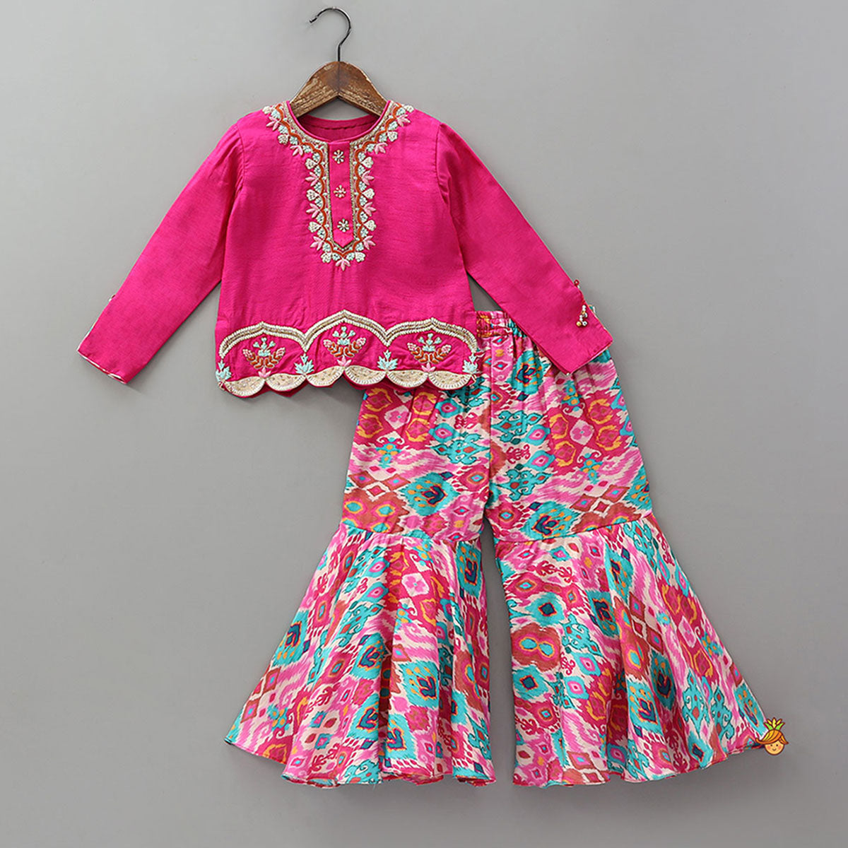 Festive Embellished Scallop Detailed Top With Printed Sharara