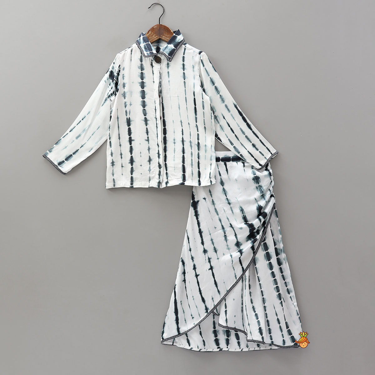 Pre Order: Tie Dye Shibori Printed Shirt Style Top And Asymmetric Lehenga Skirt