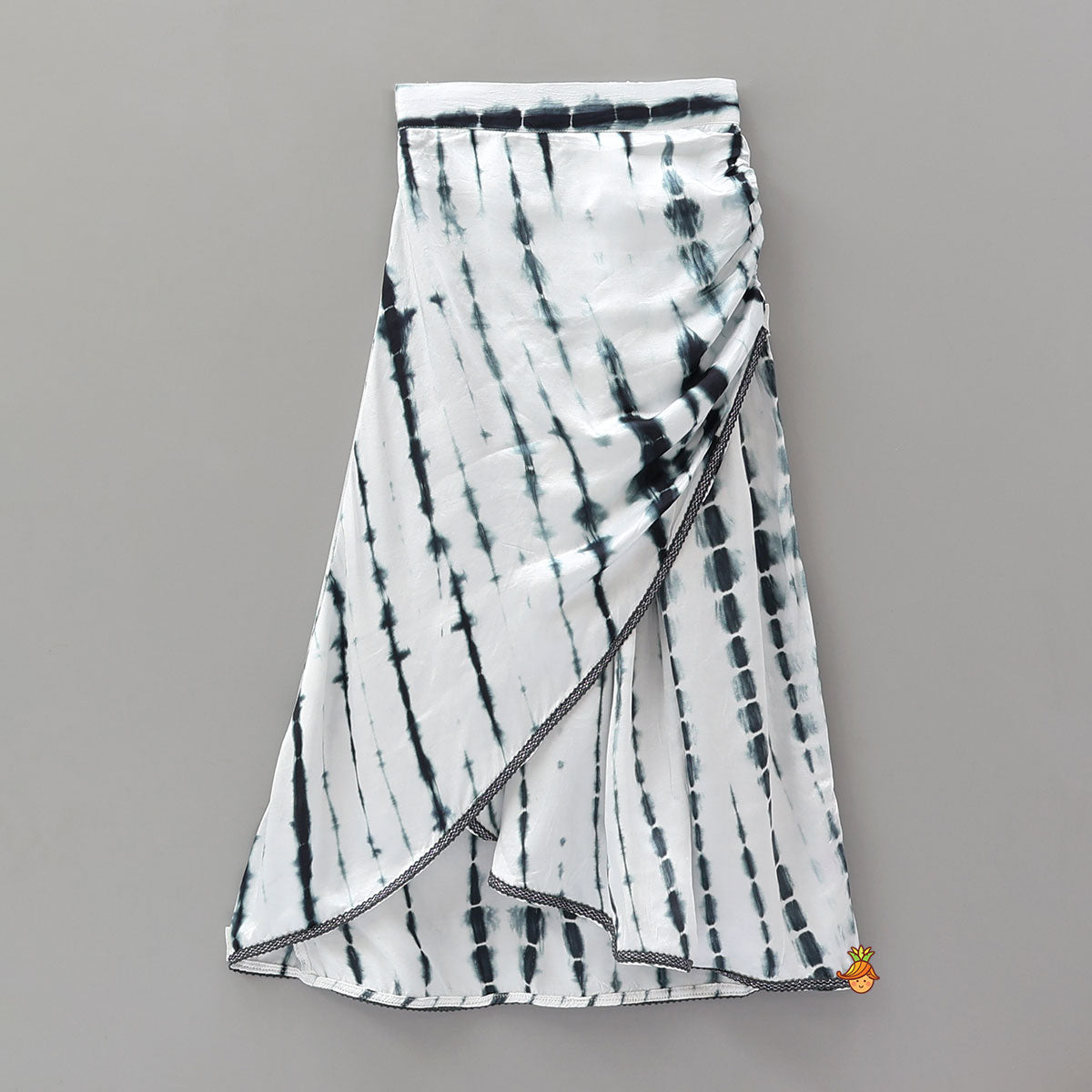 Pre Order: Tie Dye Shibori Printed Shirt Style Top And Asymmetric Lehenga Skirt