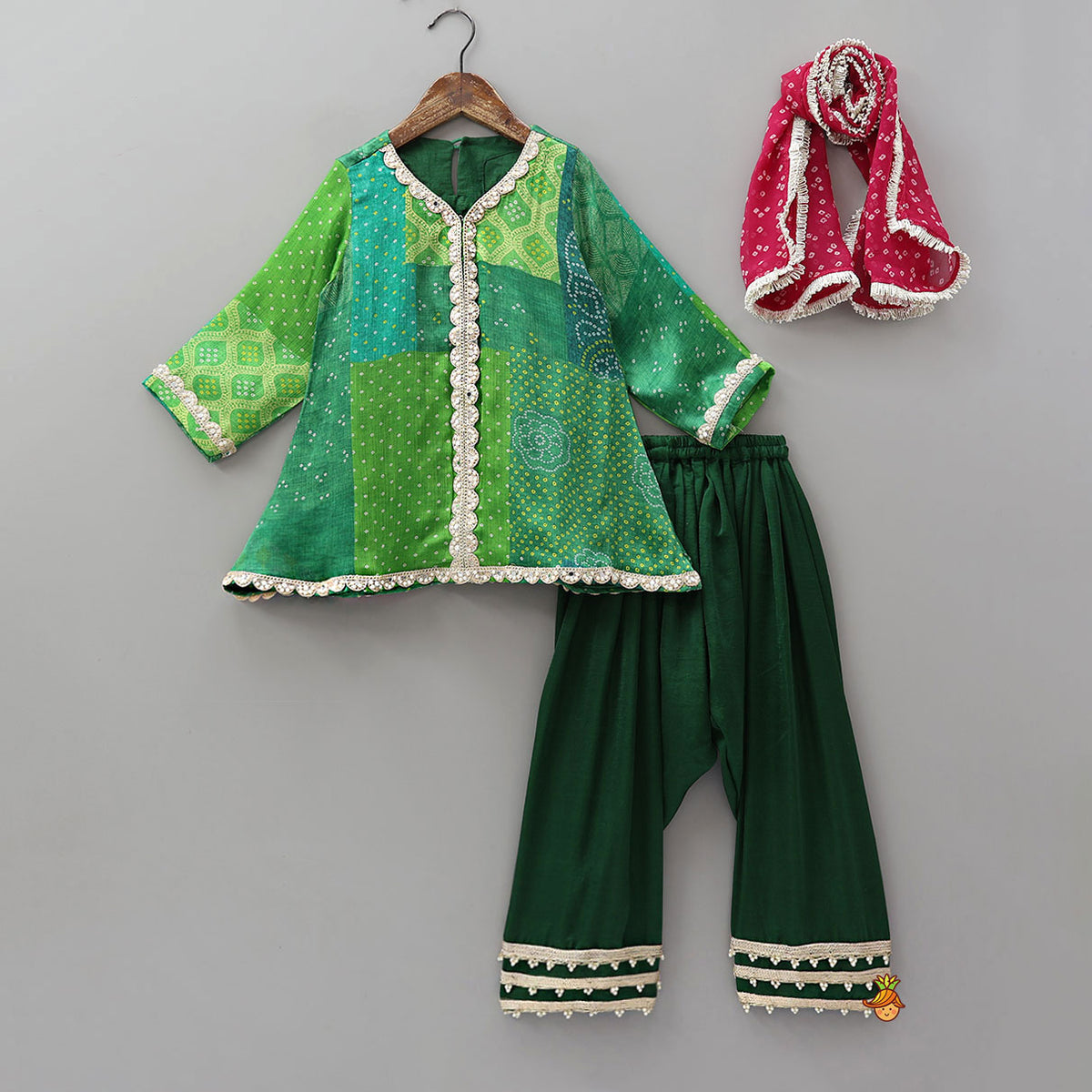 Pre Order: Festive Bandhani Printed Kurti And Salwar With Contrasting Dupatta