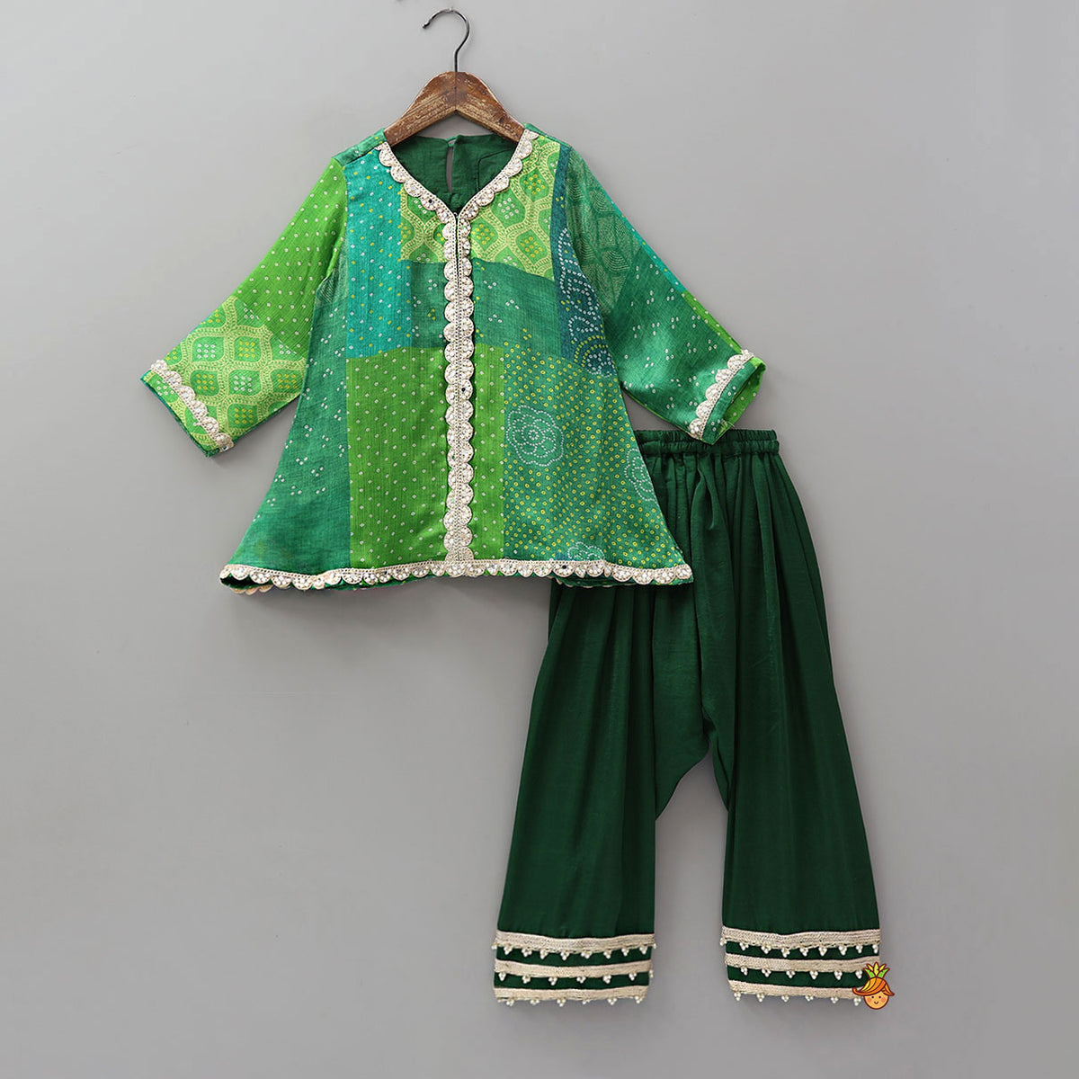 Pre Order: Festive Bandhani Printed Kurti And Salwar With Contrasting Dupatta