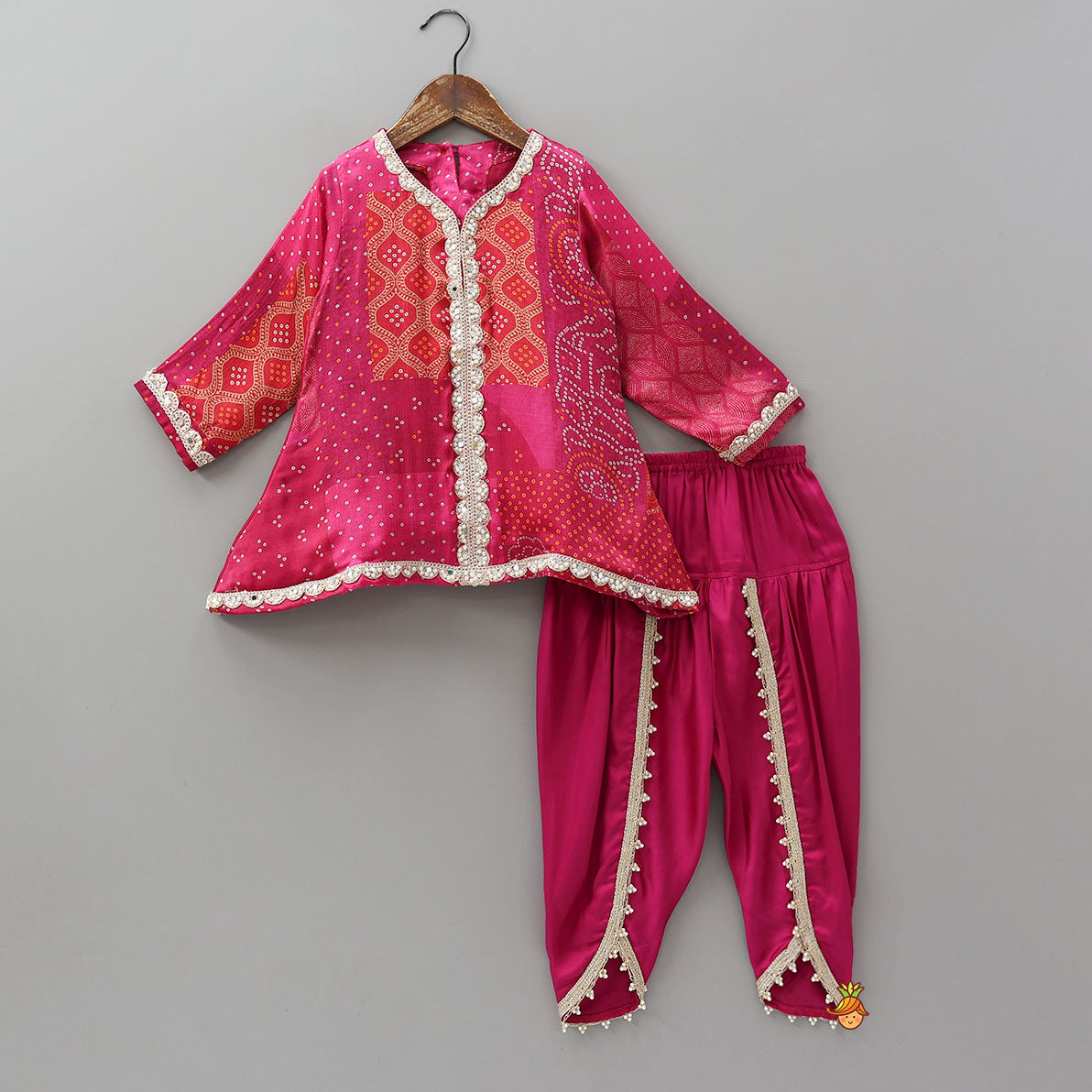 Pre Order: Festive Bandhani Printed Kurti And Dhoti Style Pant With Contrasting Dupatta