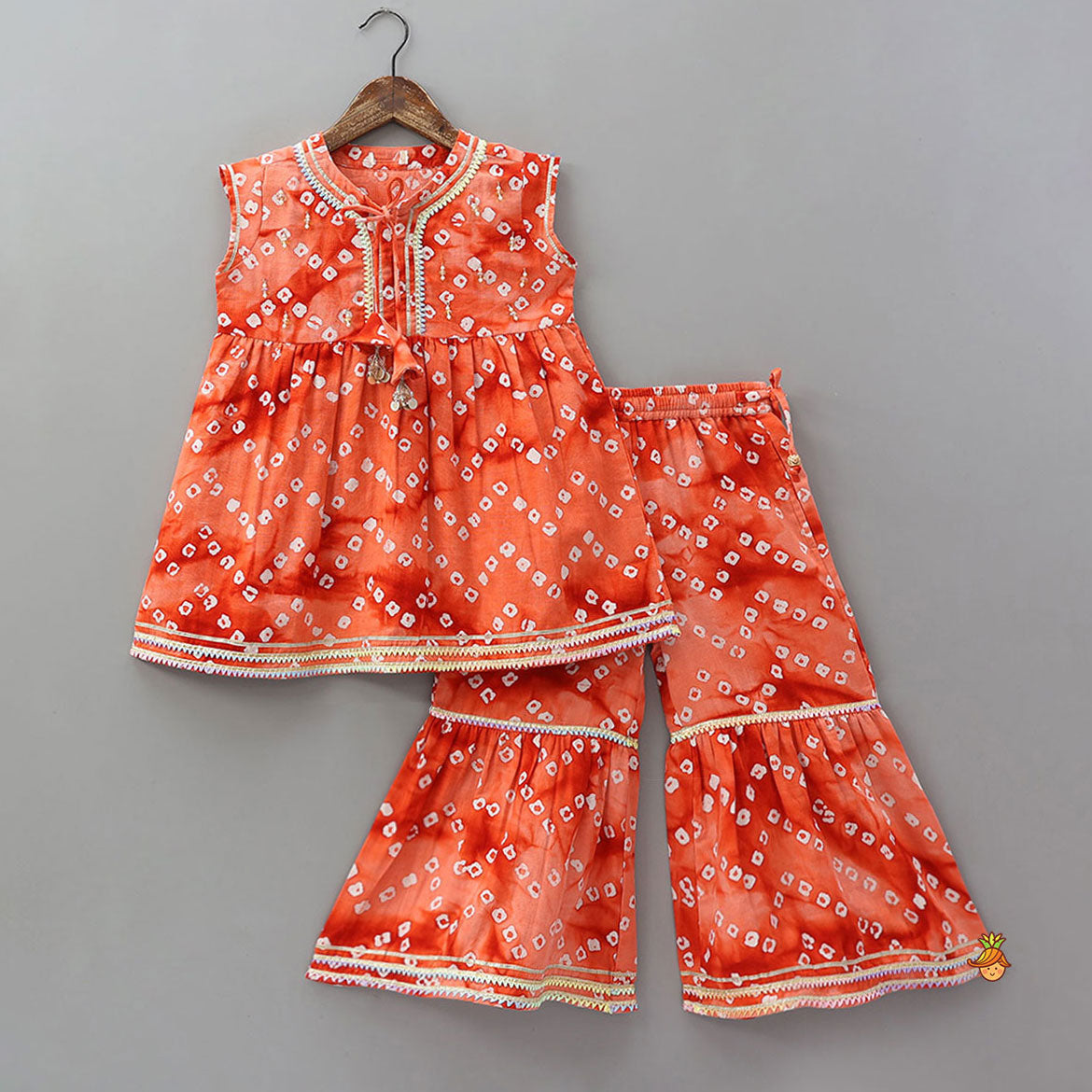 Pre Order: Front Tie Up Bandhani Printed Ethnic Kurti And Sharara