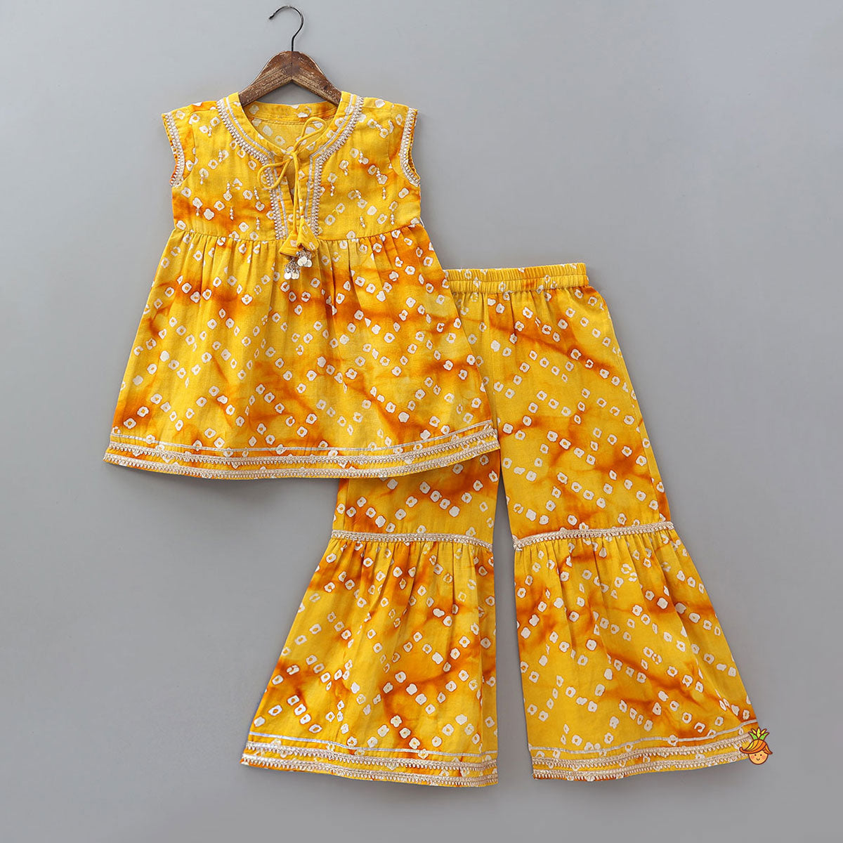 Pre Order: Front Tie Up Bandhani Printed Kurti And Sharara