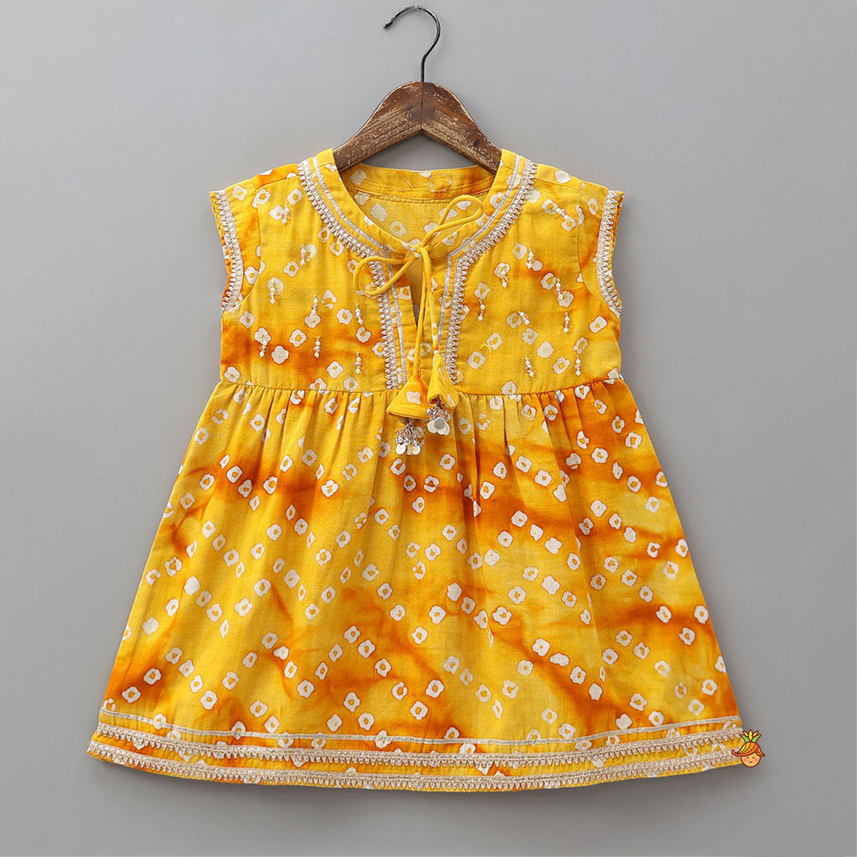 Pre Order: Front Tie Up Bandhani Printed Kurti And Sharara