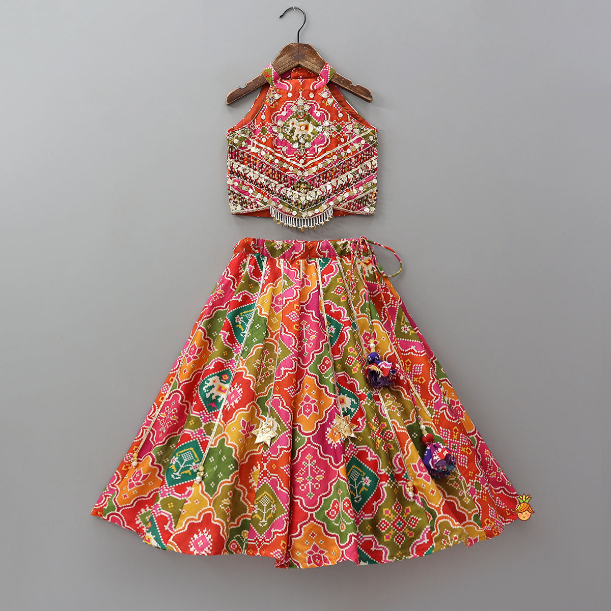 Pre Order: Halter Neck Heavily Embroidered Top And Lehenga With Dupatta And Potli Bag