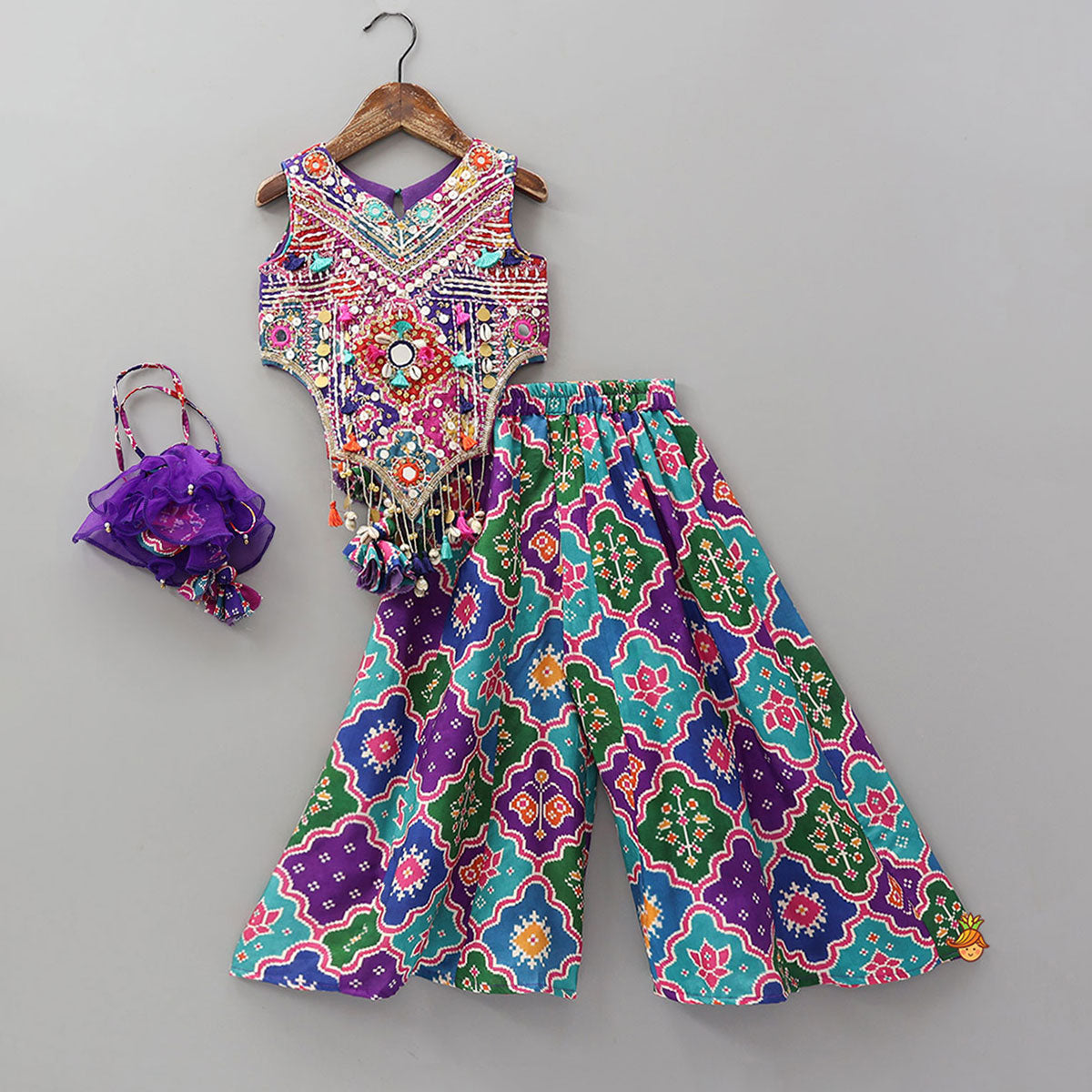 Pre Order: Heavily Embroidered Top And Palazzo With Potli Bag