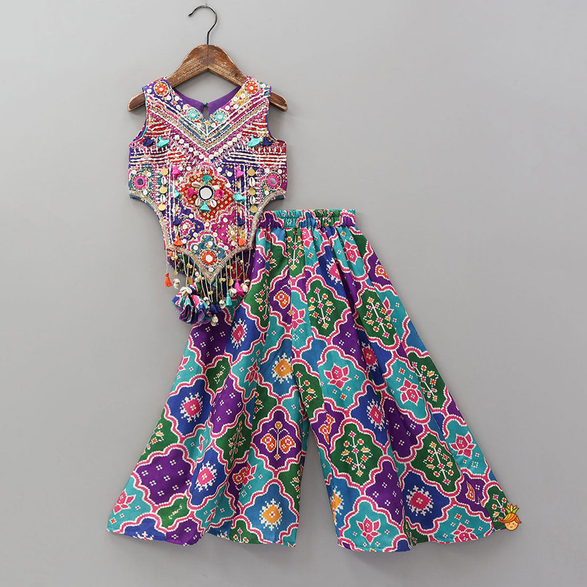 Pre Order: Heavily Embroidered Top And Palazzo With Potli Bag