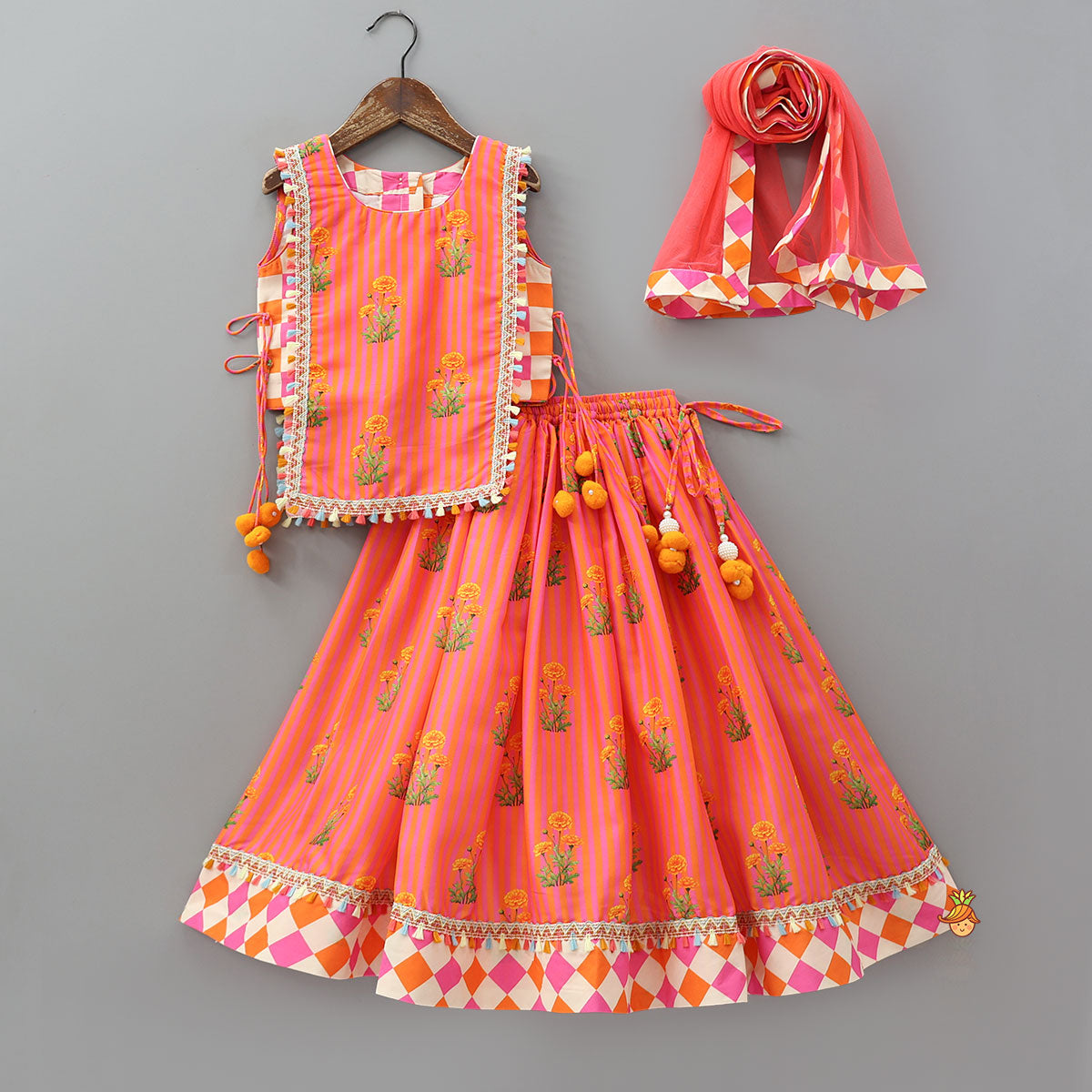 Pre Order: Checks Printed Flap Top And Lehenga With Dupatta