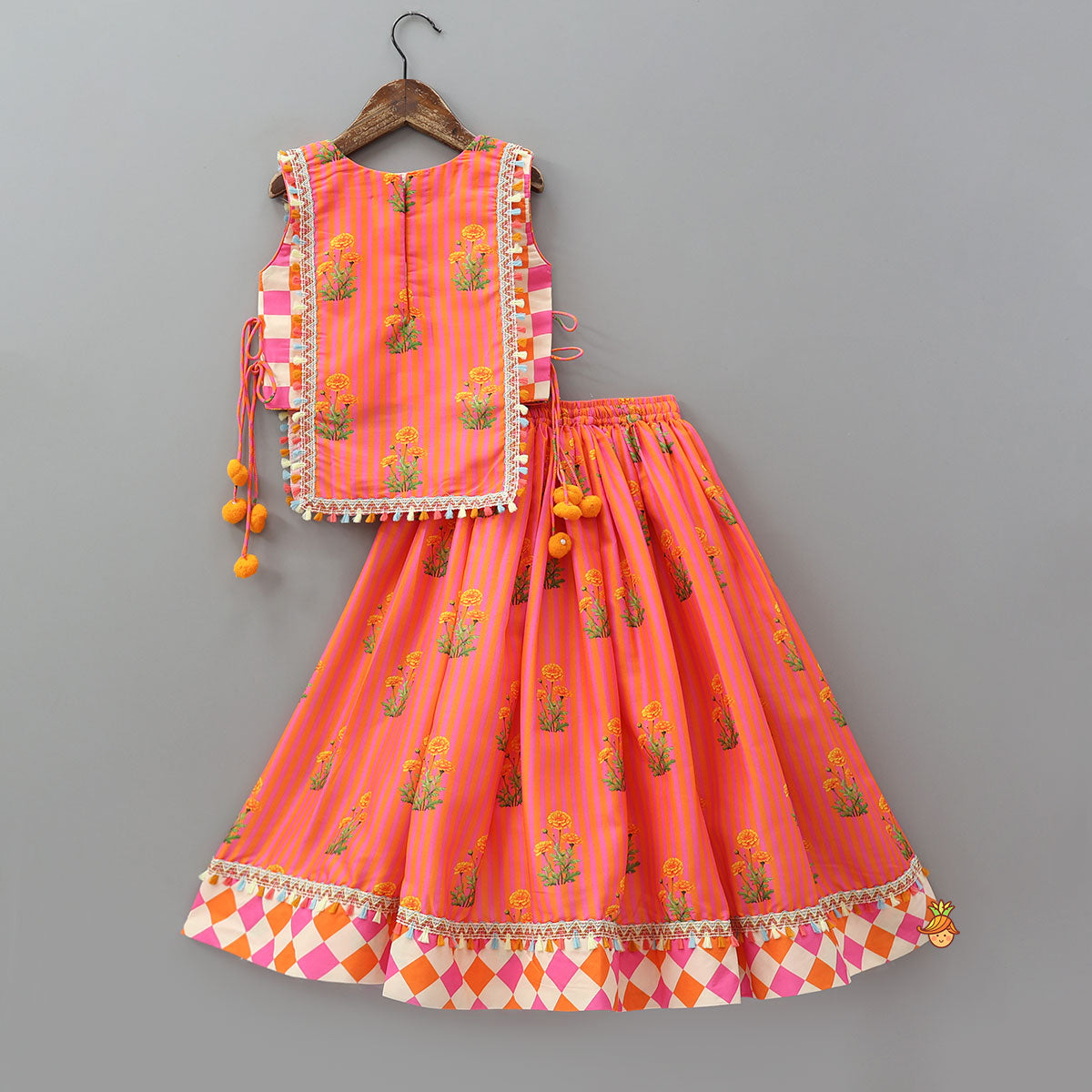 Pre Order: Checks Printed Flap Top And Lehenga With Dupatta