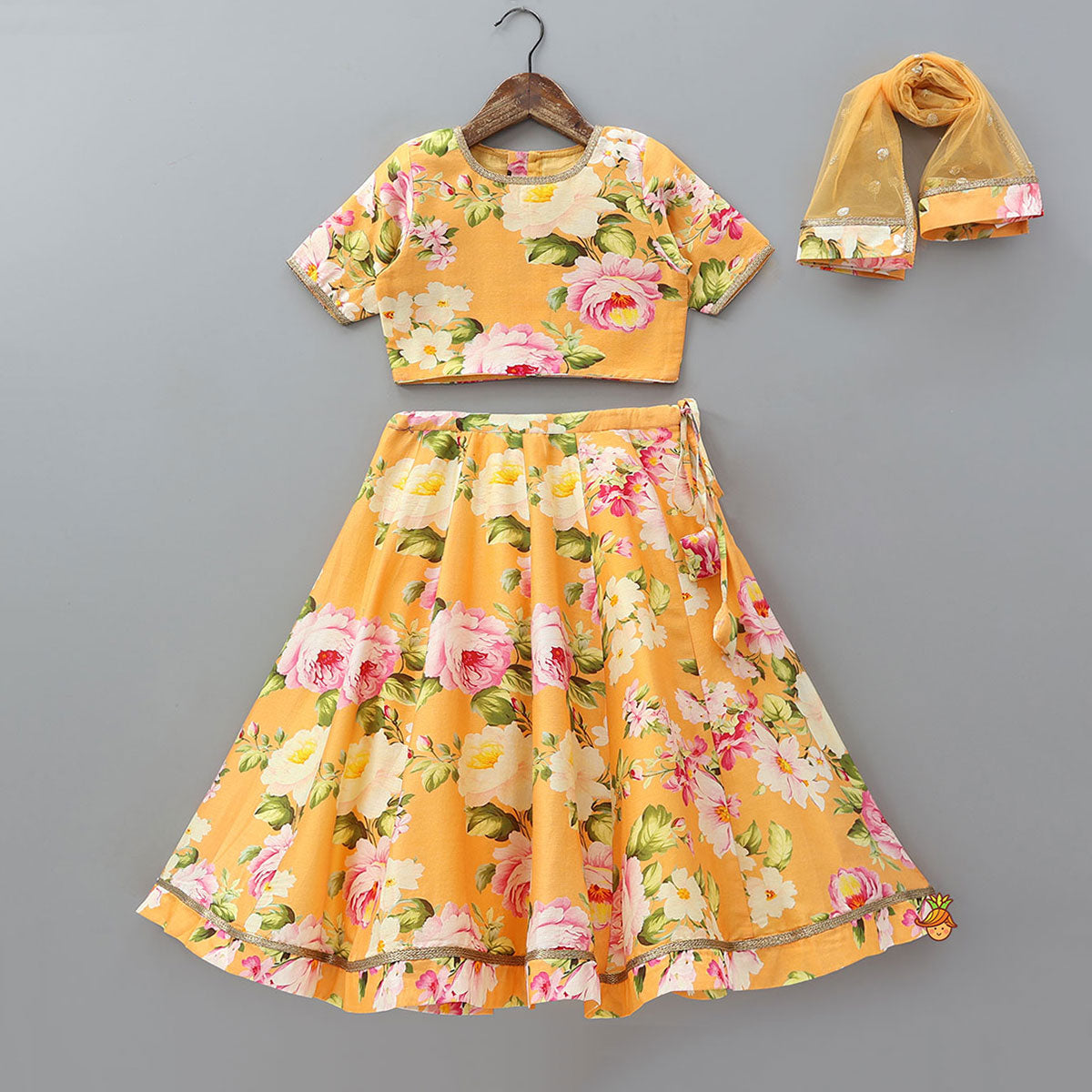 Pre Order: Floral Elegance Top And Lehenga With Net Dupatta