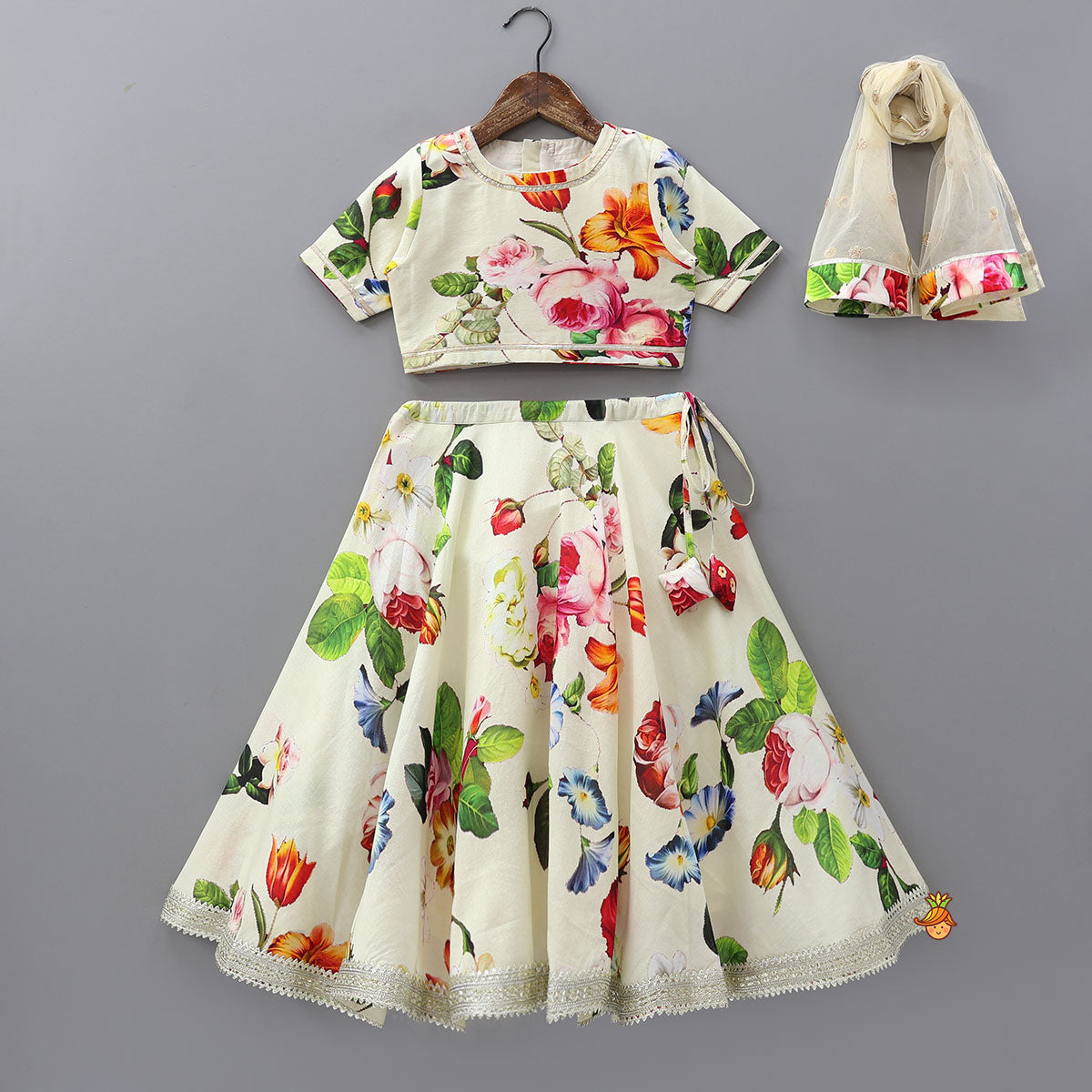 Pre Order: Classic Floral Printed Top And Lehenga With Net Dupatta