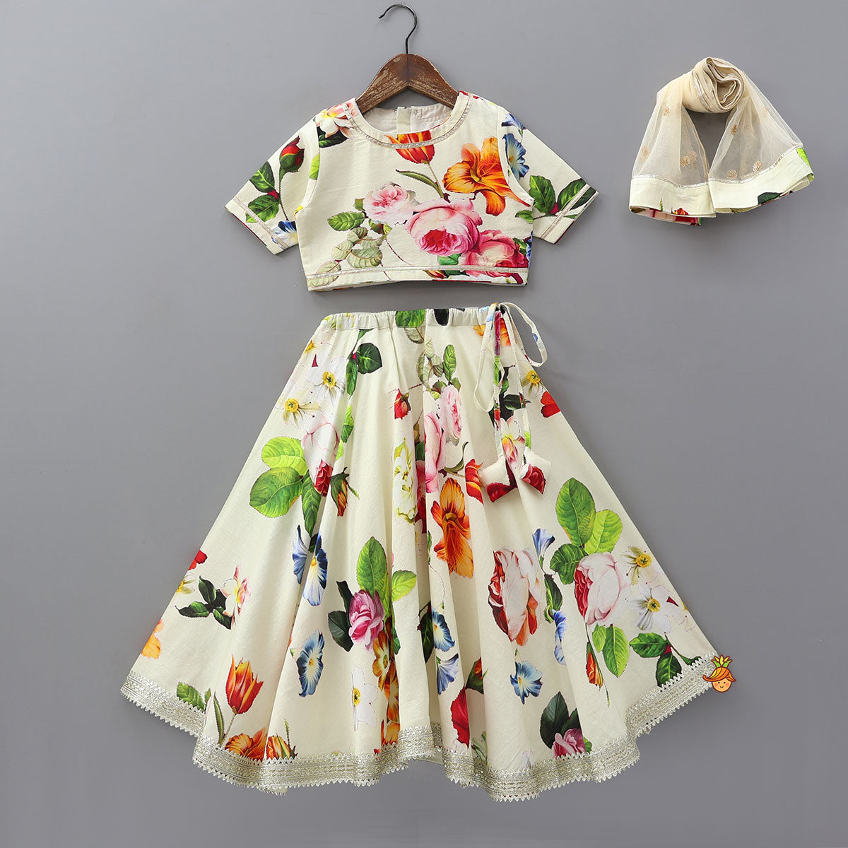 Pre Order: Classic Floral Printed Top And Lehenga With Net Dupatta