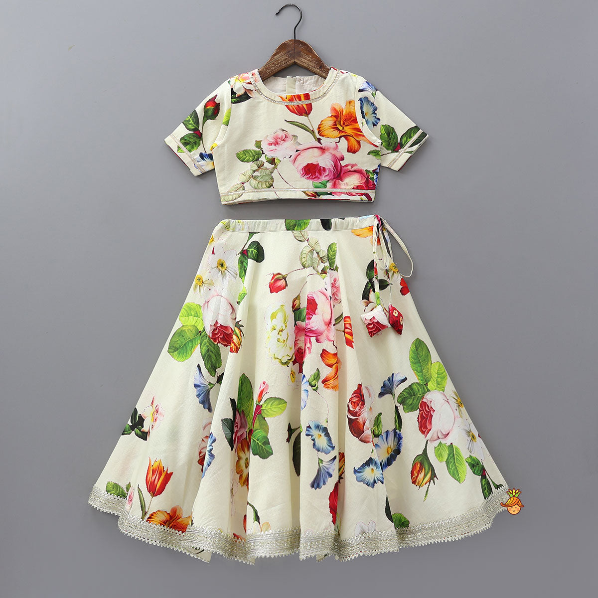 Pre Order: Classic Floral Printed Top And Lehenga With Net Dupatta
